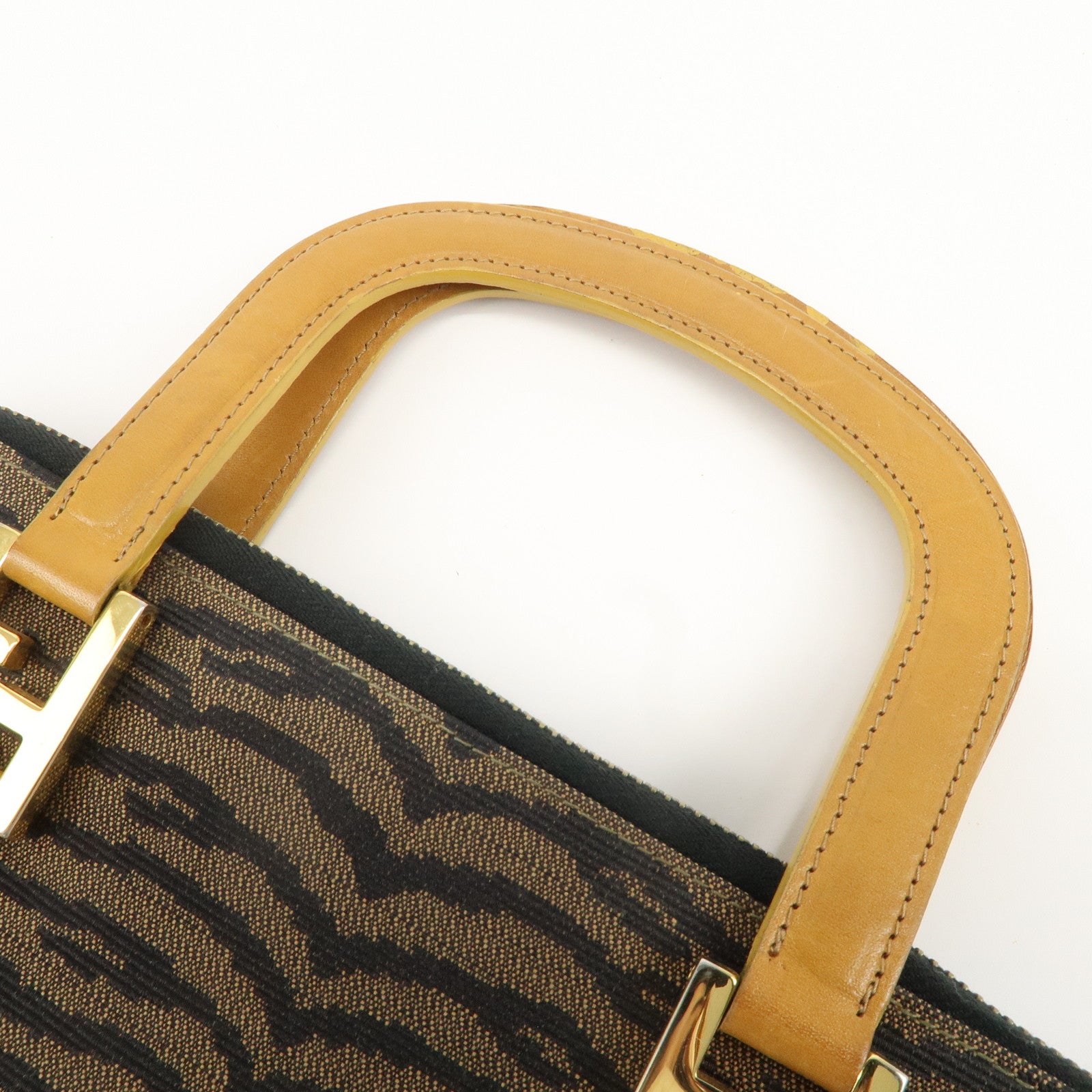 FENDI Canvas Leather Angora Hand Bag Zebra Brown Black 26347