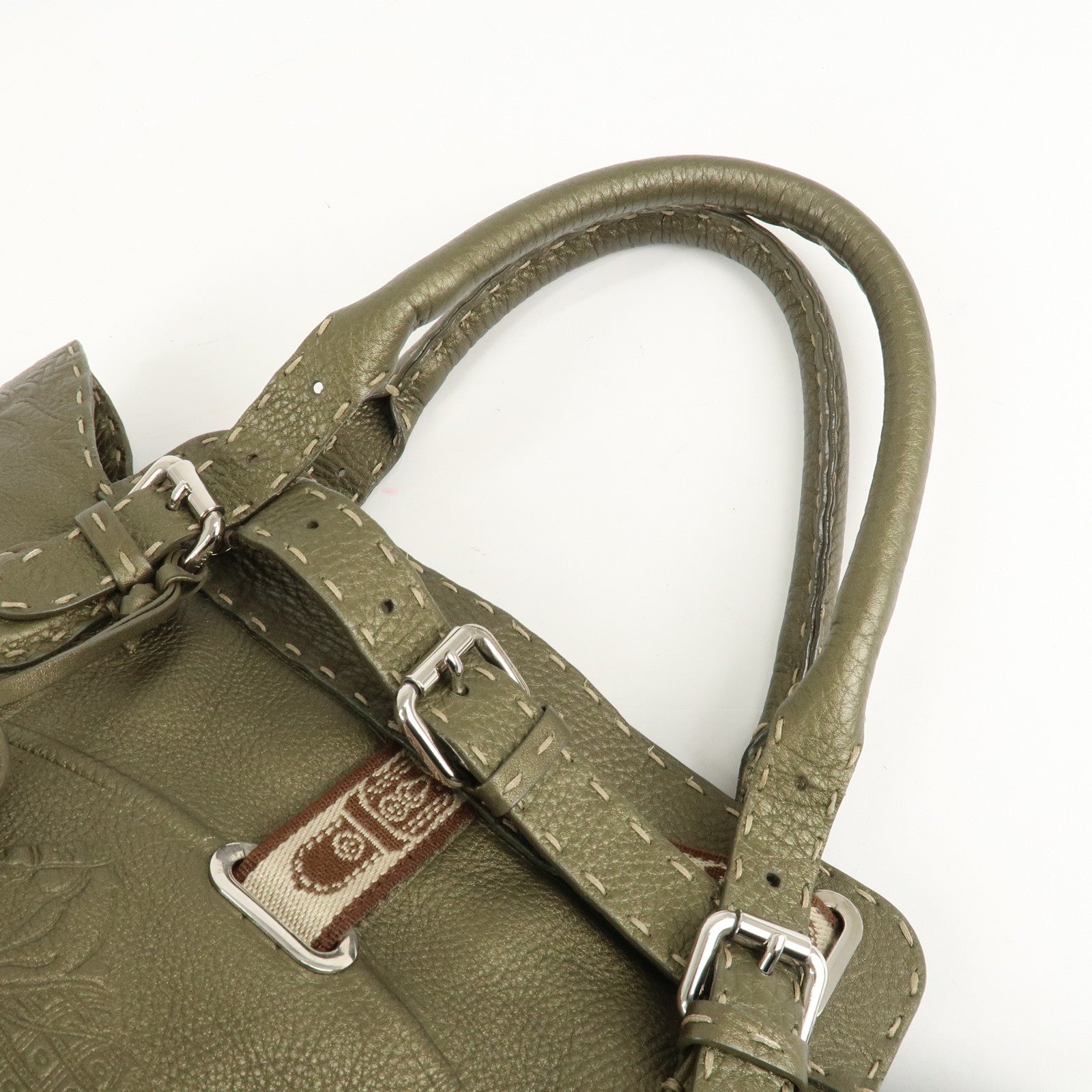 FENDI Selleria Leather Tote Bag Shoulder Bag Khaki 8BN155 Used