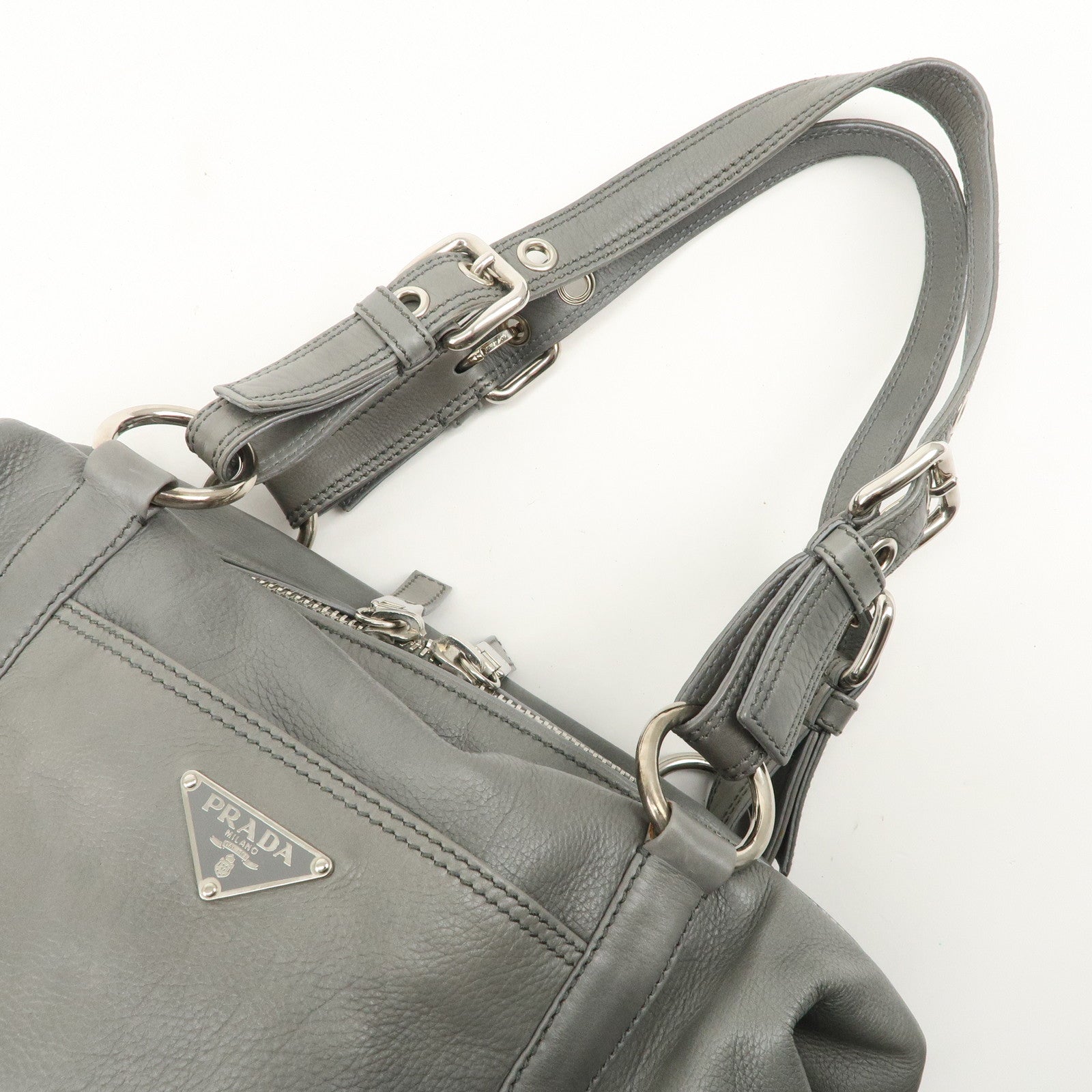 PRADA Leather Boston Bag Shoulder Bag Gray Silver Hardware