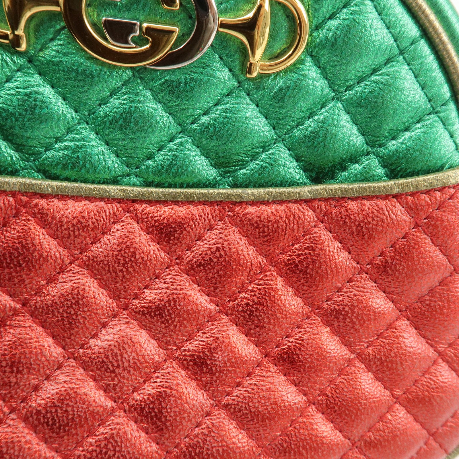 GUCCI Laminate Quilting Leather Shoulder Bag Green Red Gold 534951