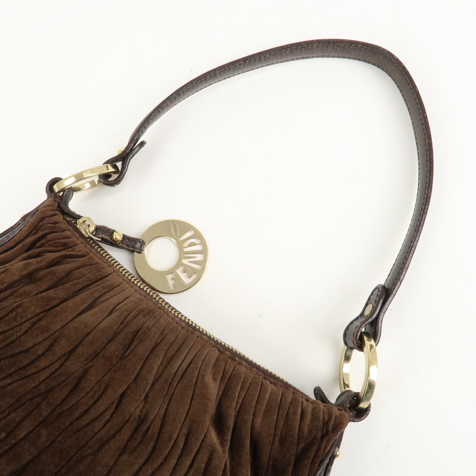 FENDI Suede Leather Gathered Shoulder Bag Dark Brown 8BR454 Used