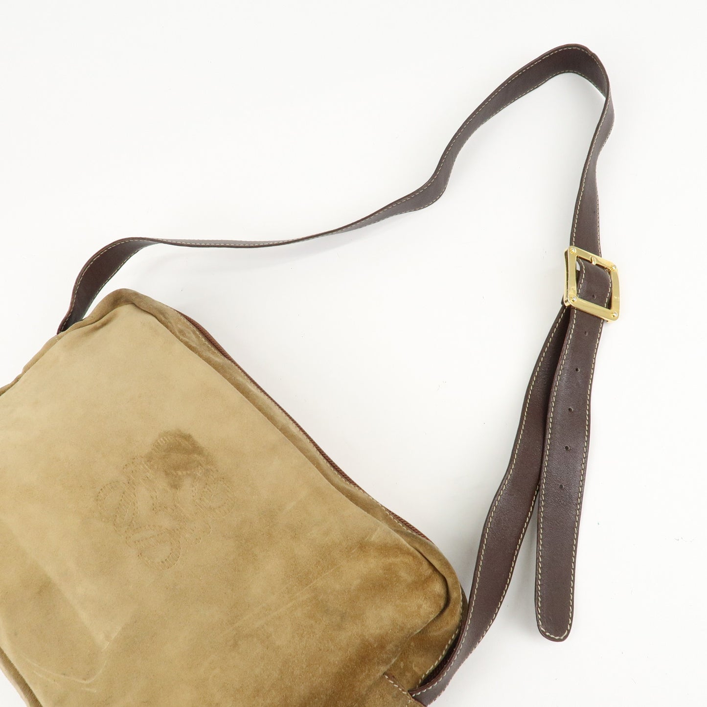 LOEWE Anagram Suede Leather Shoulder Bag Brown Gold Hardware