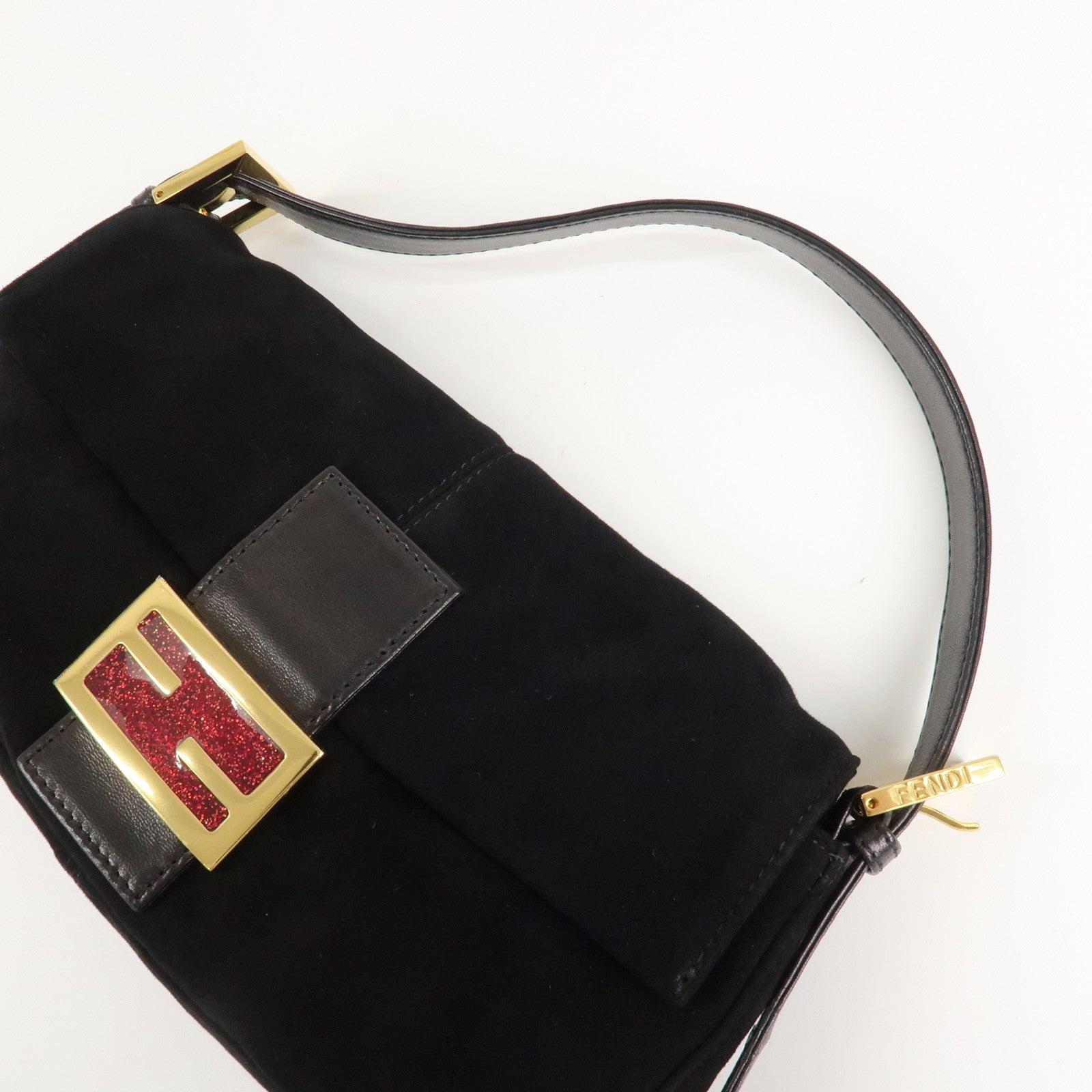 FENDI Mamma Baguette Suede Leather Shoulder Bag Black 26424