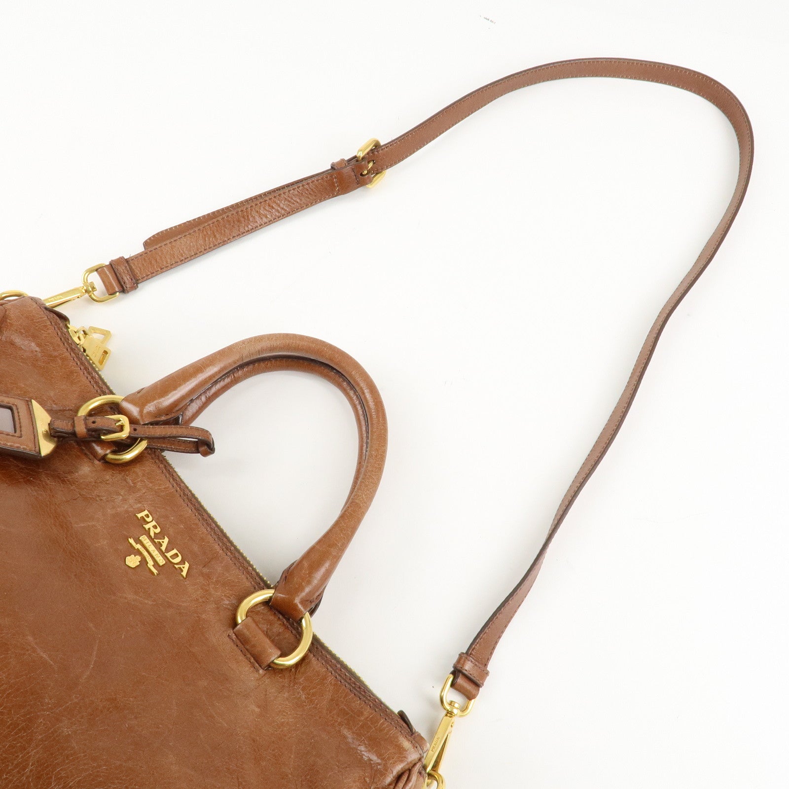 PRADA Leather 2Way Bag Shoulder Bag Hand Bag Brown Used