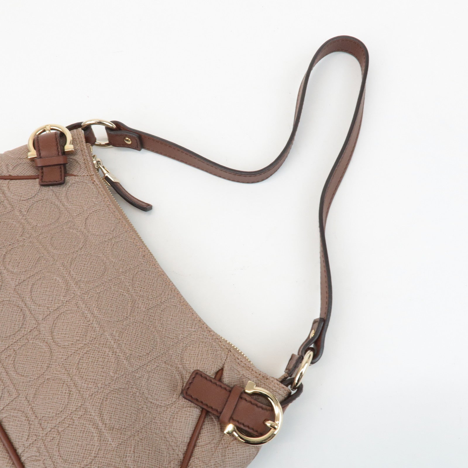 Ferragamo Gancini PVC Leather Shoulder Bag Pink Beige Brown Used