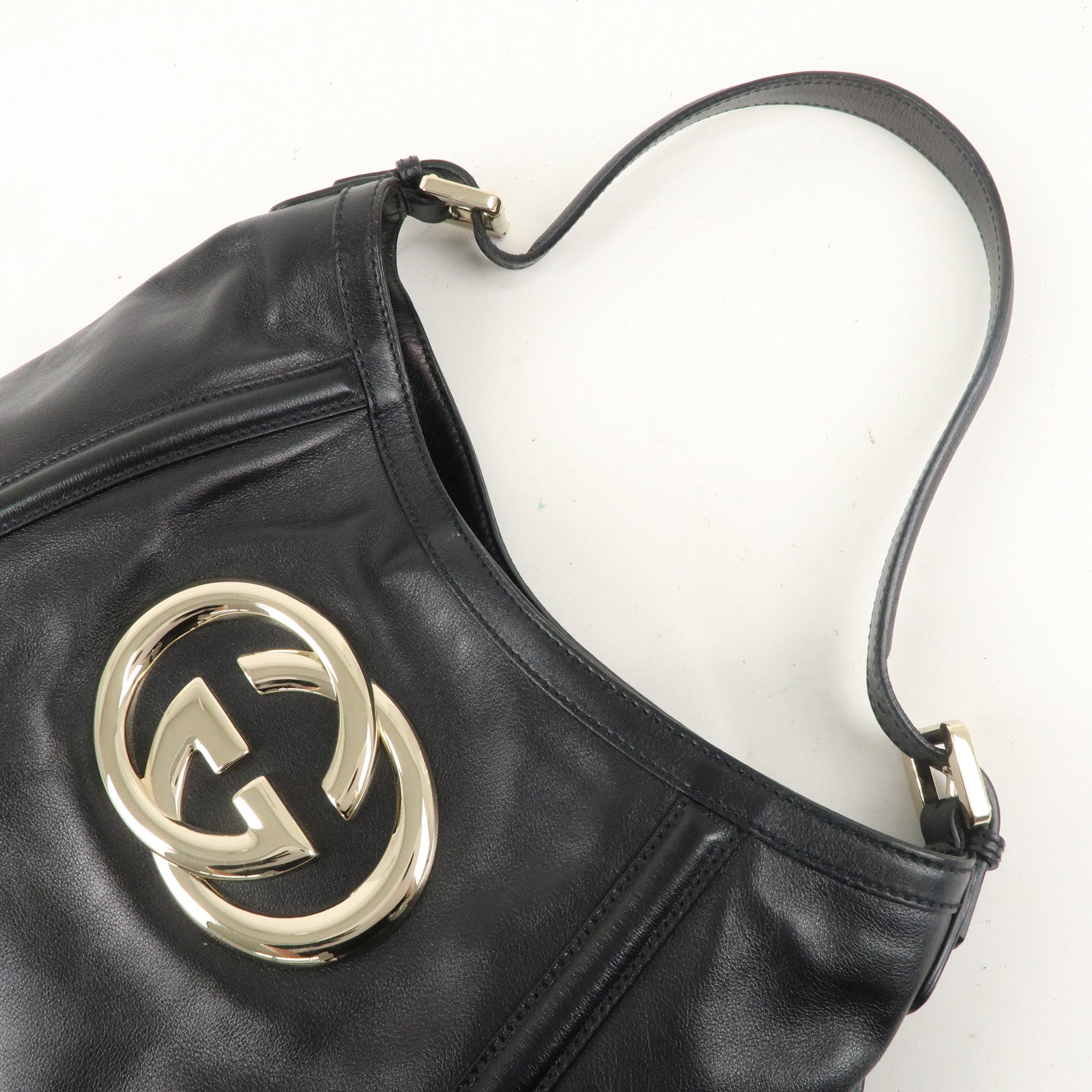 GUCCI Interlocking G Leather One Shoulder Bag Black 162740