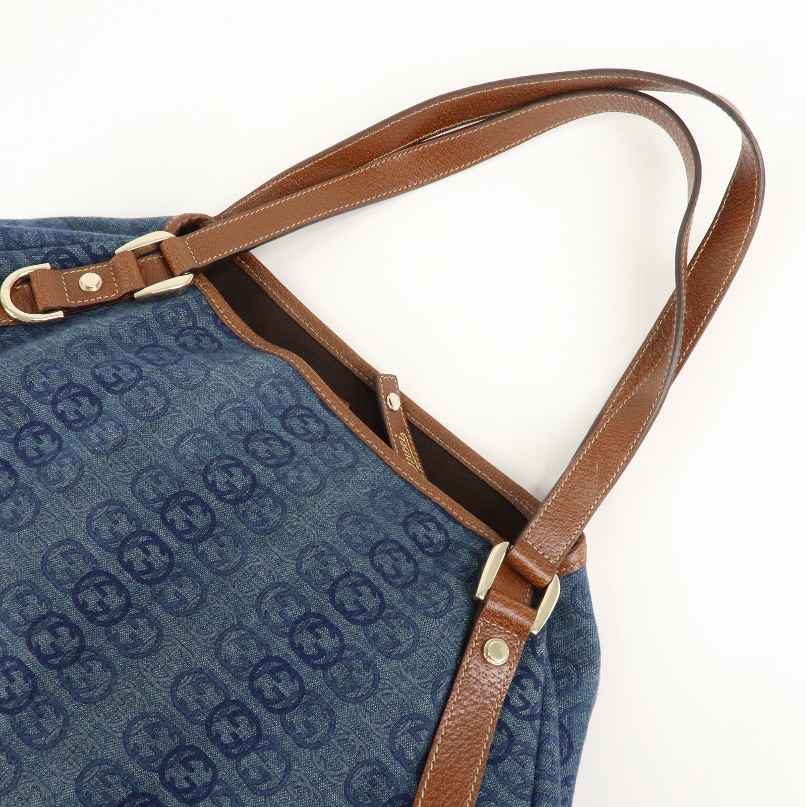 GUCCI Abbey GG Denim Leather Tote Hand Bag Blue Brown 130736