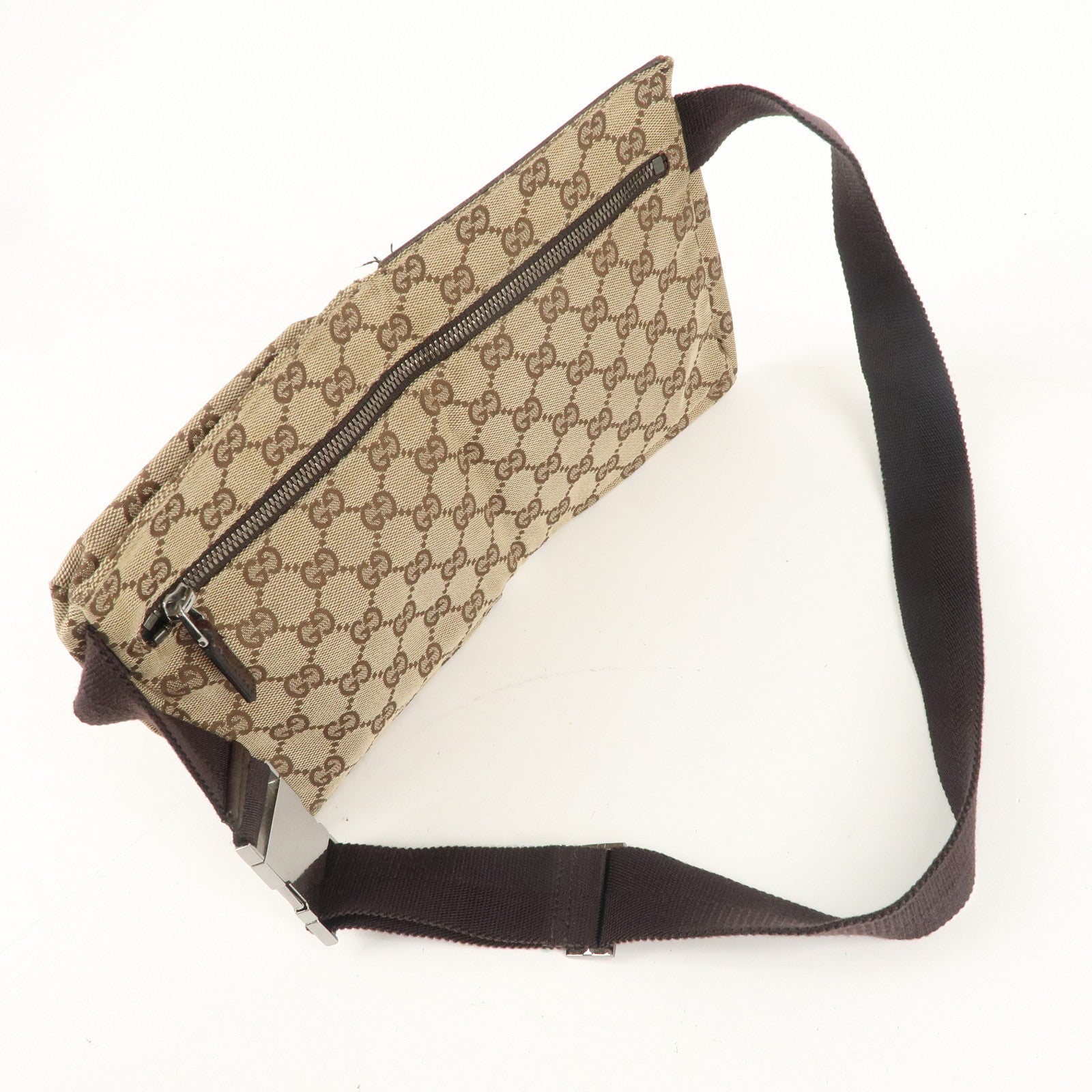 GUCCI GG Canvas Leather Waist Bag Crossbody Bag Beige Brown 28566