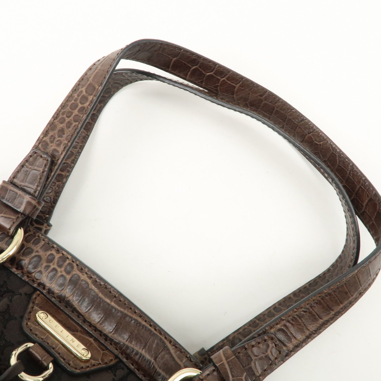 CELINE Macadam Canvas Leather Shoulder Bag Fringe Brown Used