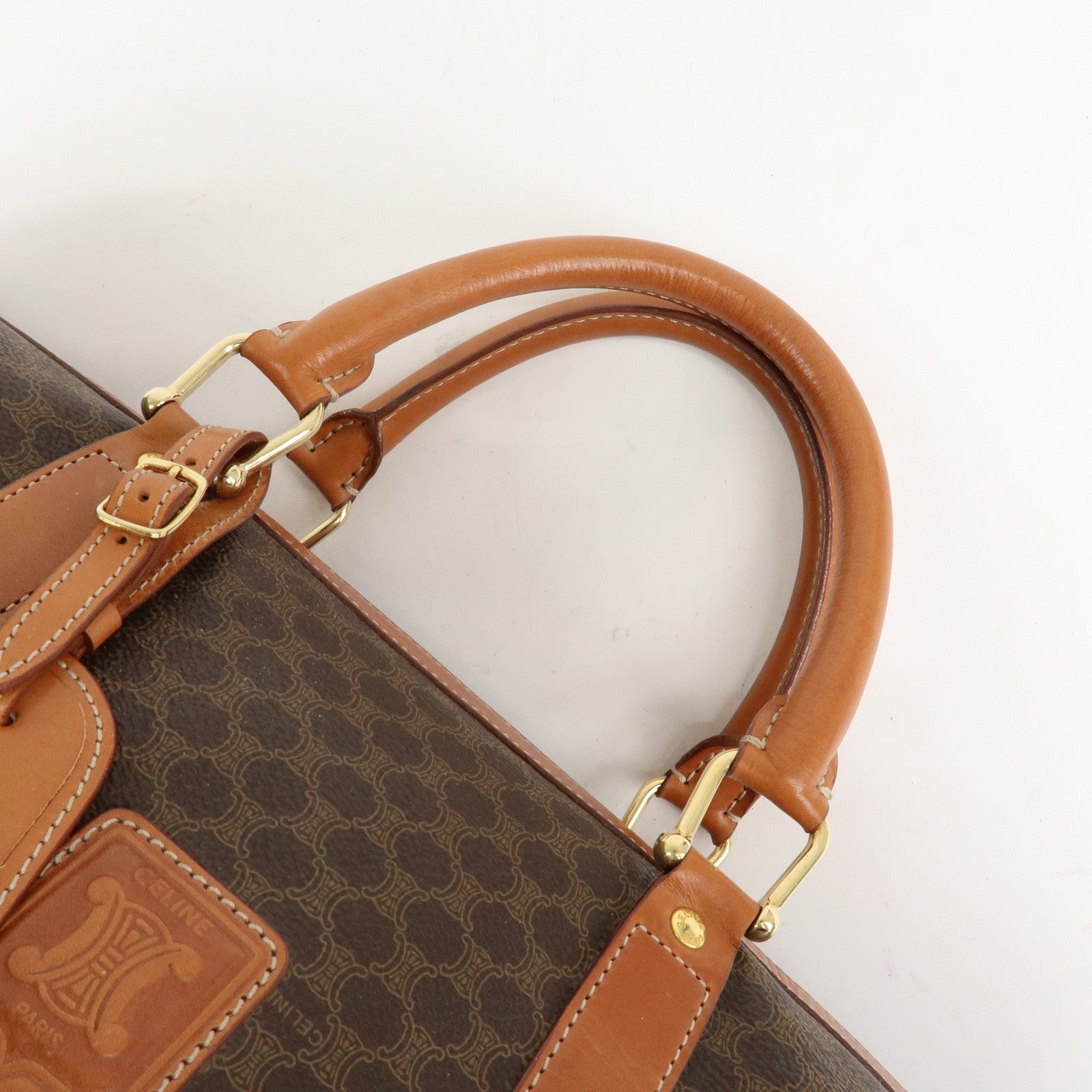 CELINE Macadam PVC Leather Boston Bag Hand Bag Brown Used