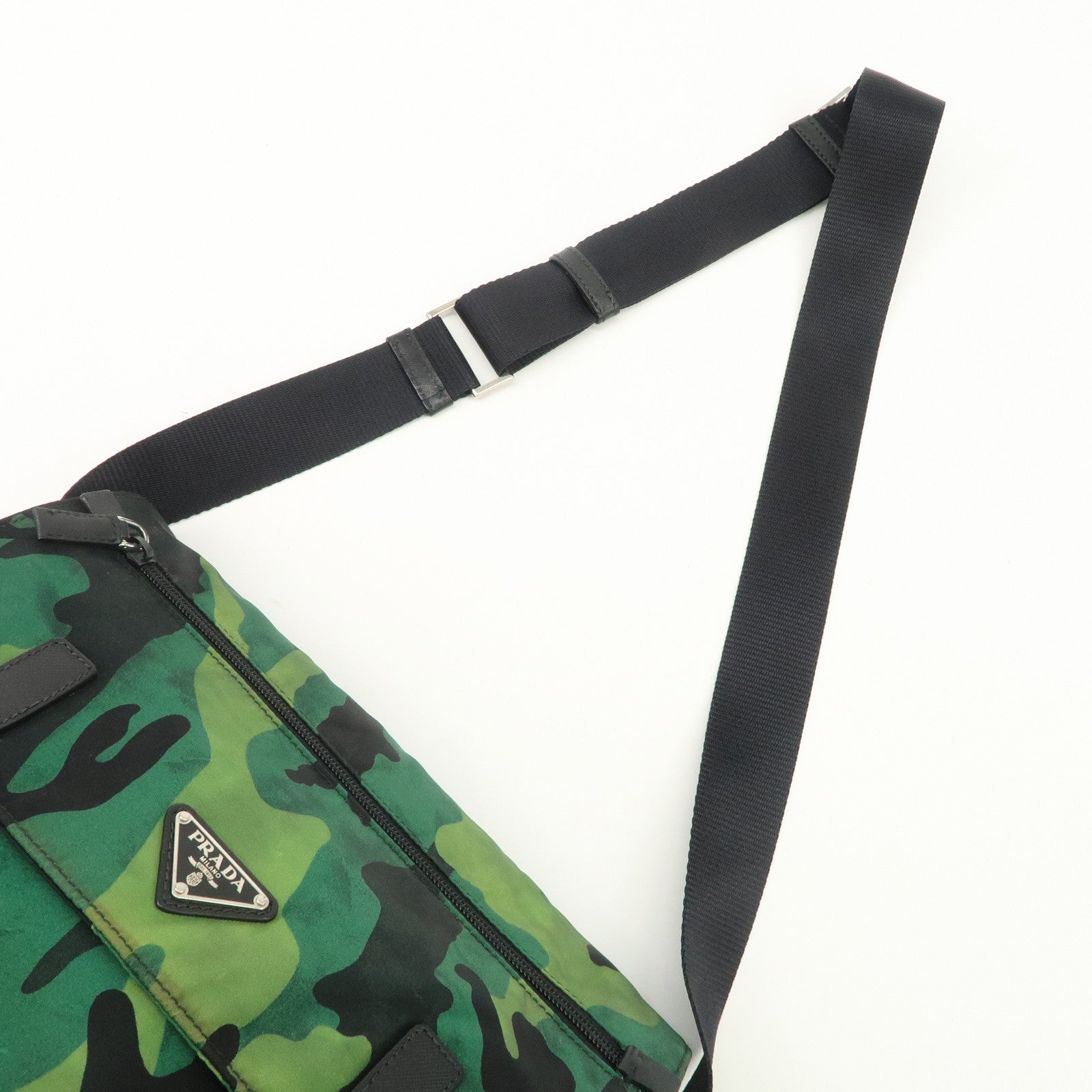 PRADA Logo Nylon Leather Camouflage Shoulder Bag Green Black Used