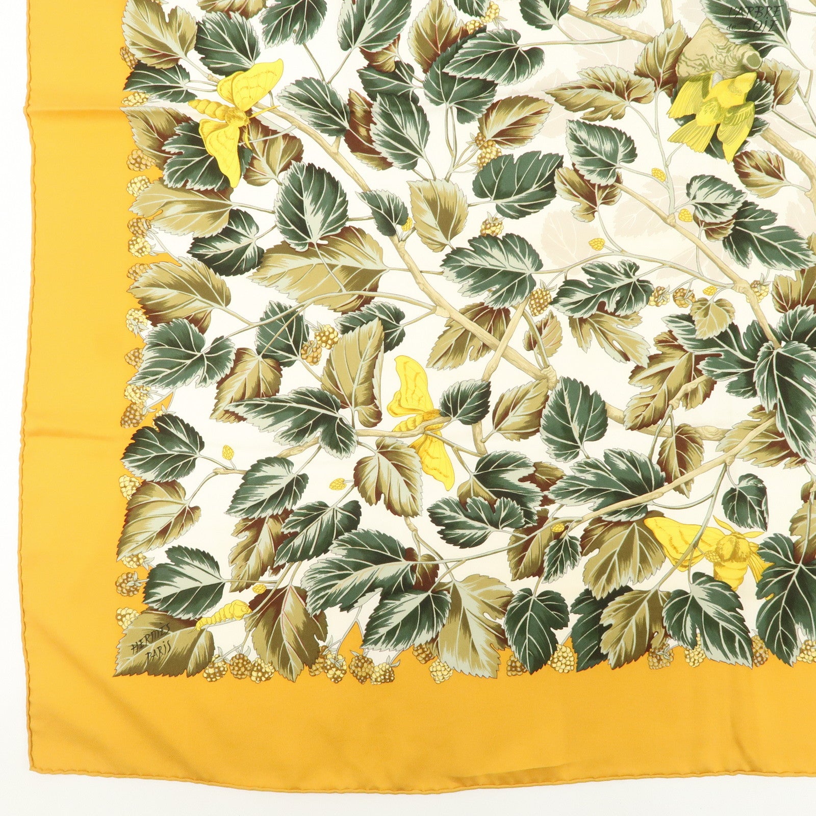 HERMES Carre 90 Silk 100% Scarf  l'ARBRE de SOiE Orange Green Used