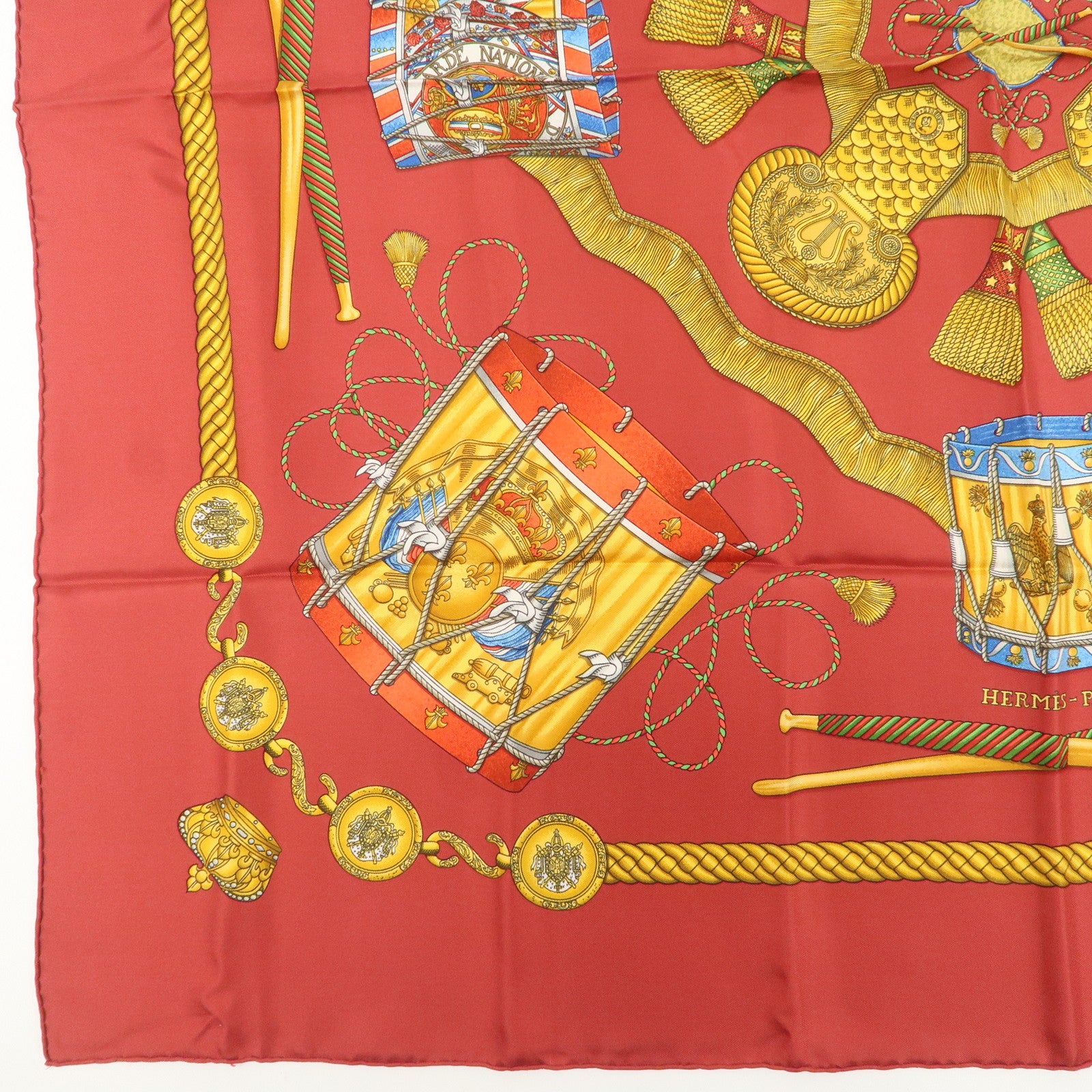 HERMES Carre 90 100% Silk Scarf LES TAMBOURS Drum Print Wine Red Used