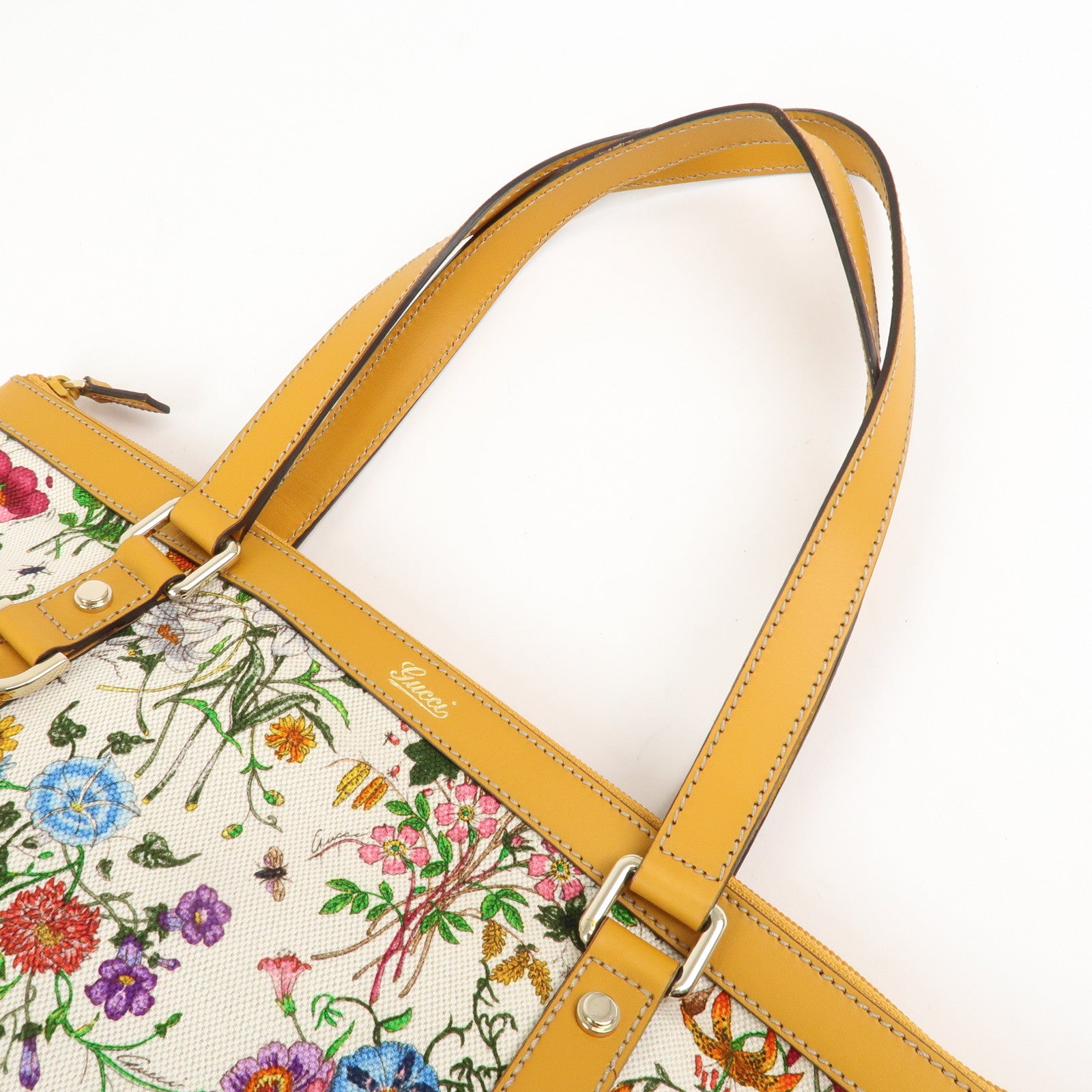 GUCCI Flora Abbey Canvas Leather Tote Bag Ivory Orange 272399