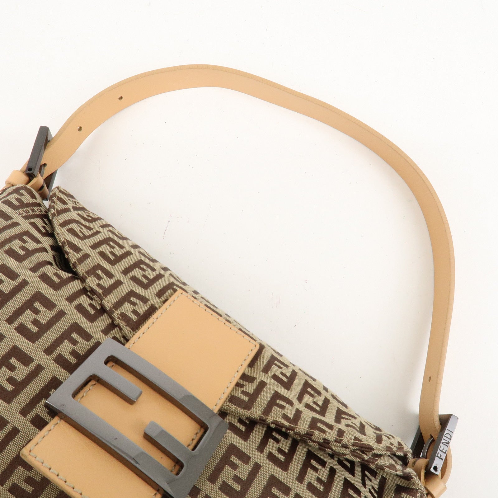 FENDI Zucchino Canvas Leather Shoulder Bag Beige 8BR003