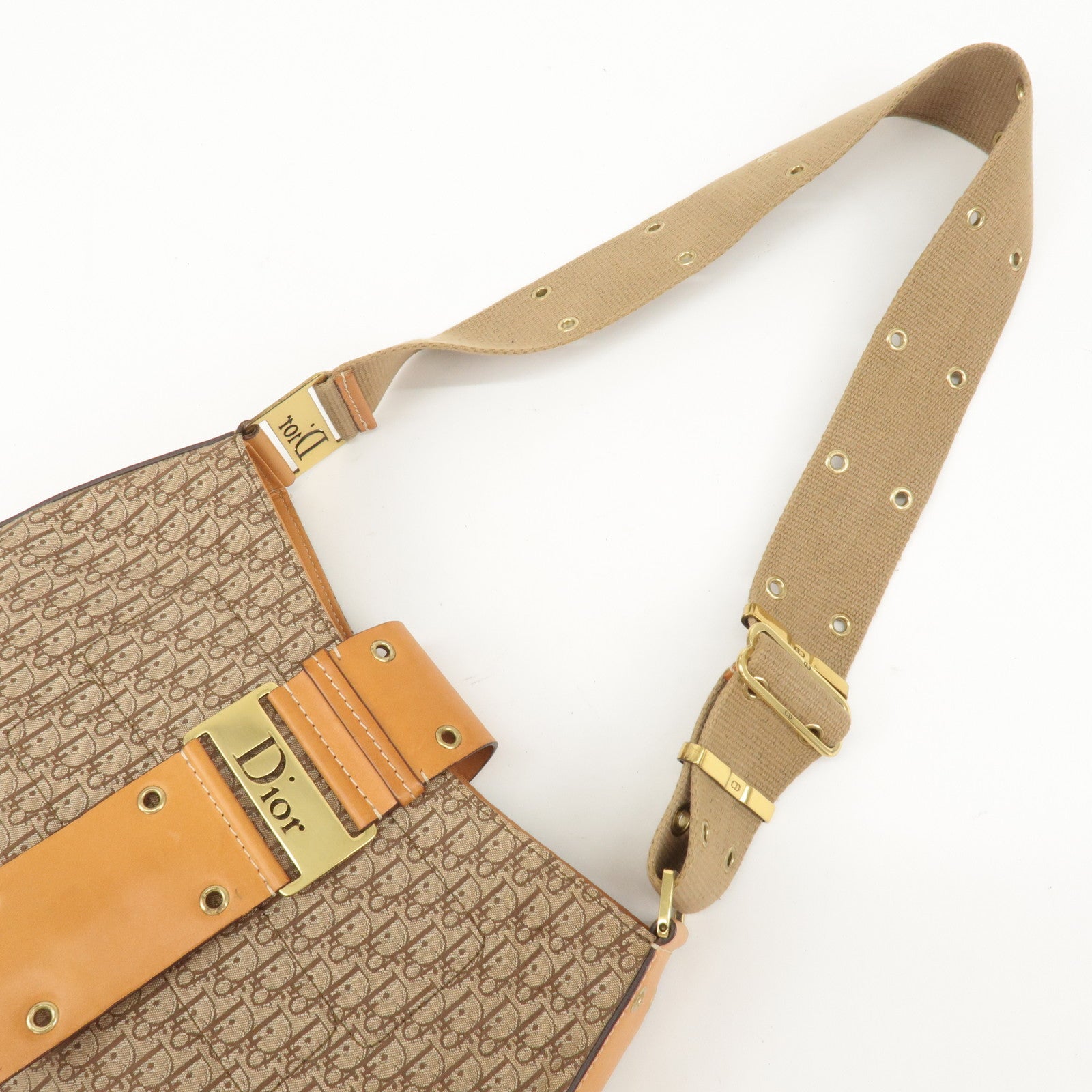 Christian Dior Trotter Canvas Leather Shoulder Bag Beige Brown