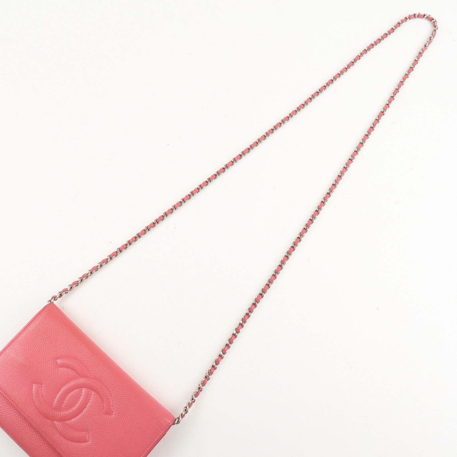 CHANEL COCO Mark Caviar Skin Chain Wallet WOC A48654 Pink Used