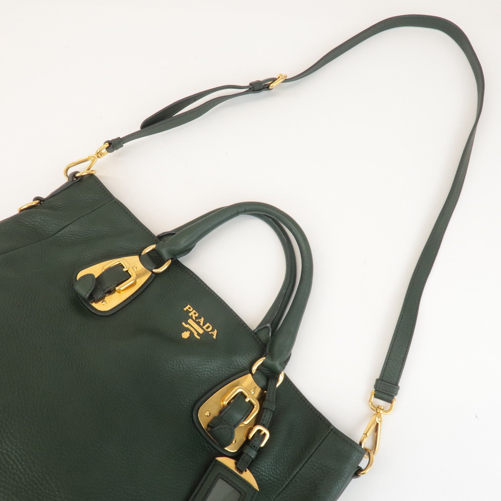 PRADA Leather 2Way Hand Bag Shoulder Bag Green Gold Hardware