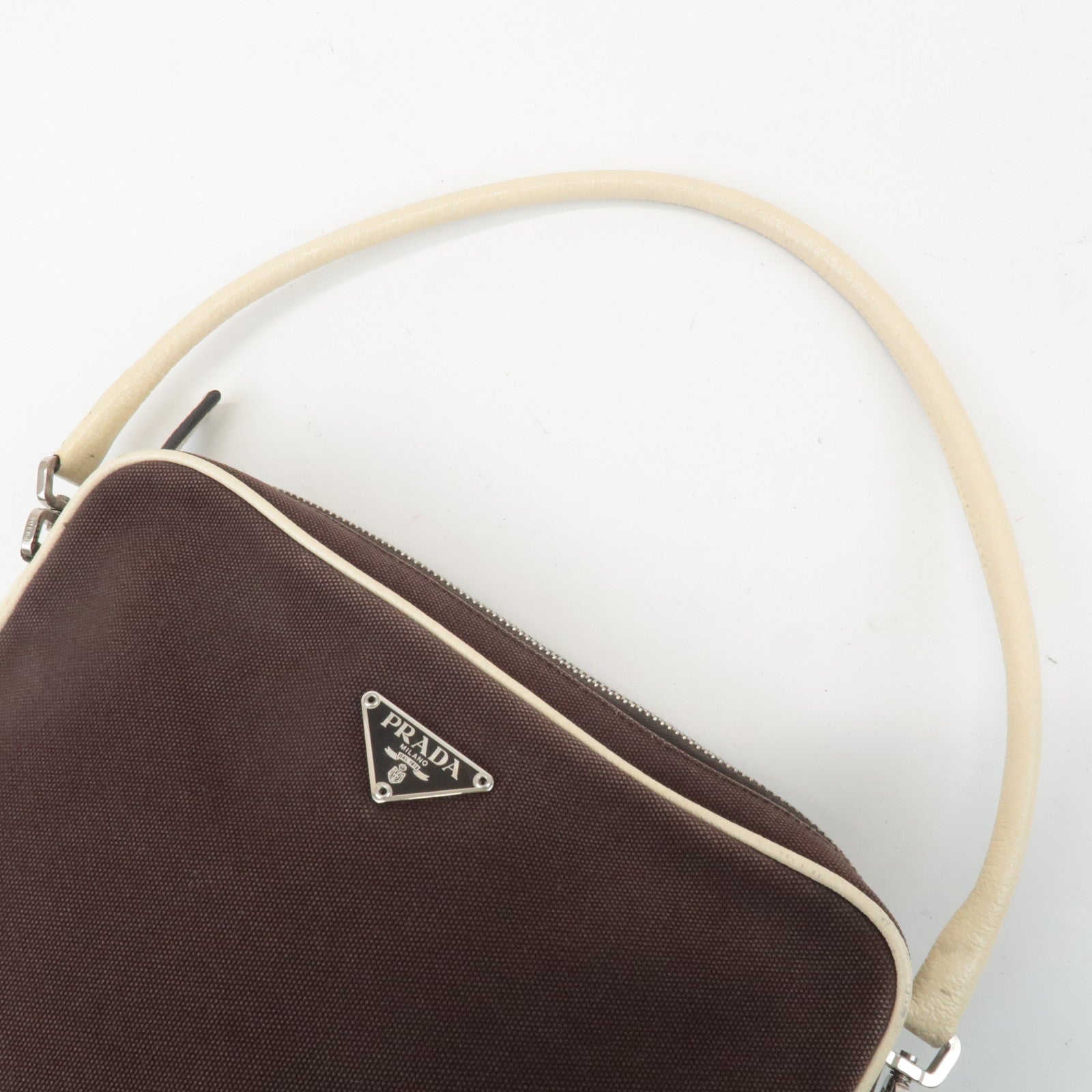 PRADA Triangle Logo Canvas Leather Shoulder Bag Brown Ivory Used