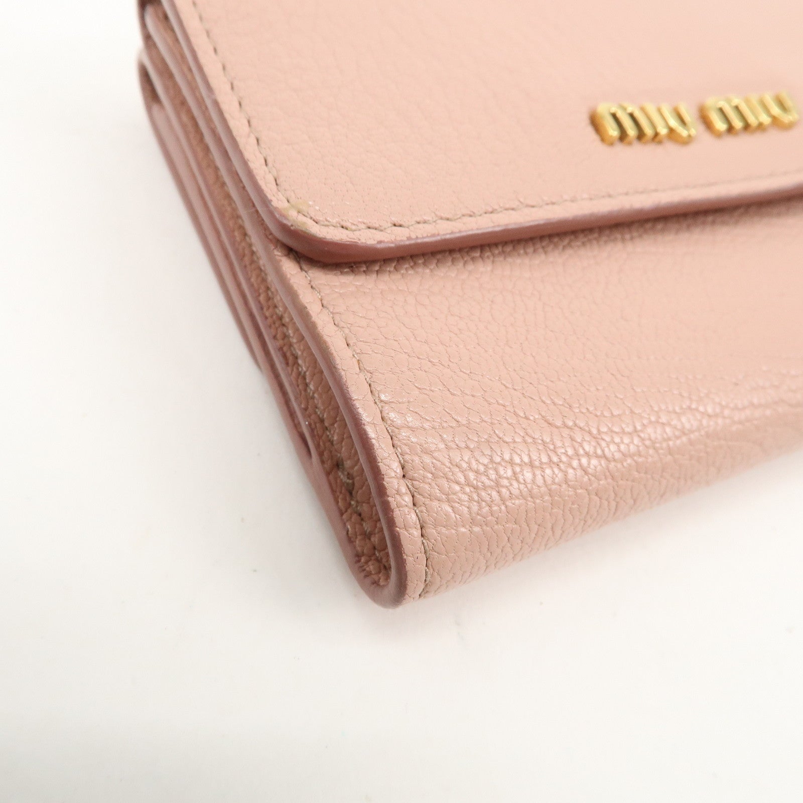 MIU MIU Leather Double Hook Bi-fold Wallet Pink Gold Hardware