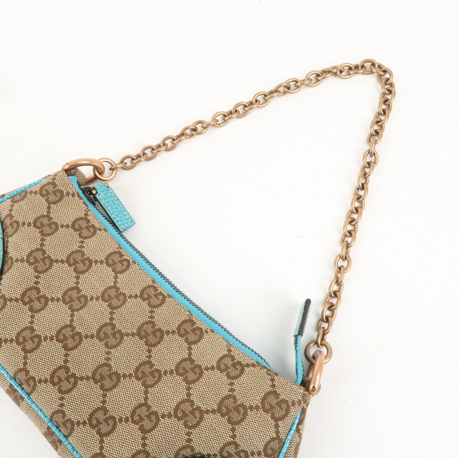 GUCCI GG Canvas Leather Chain Hand Bag Pouch Beige Blue 120940