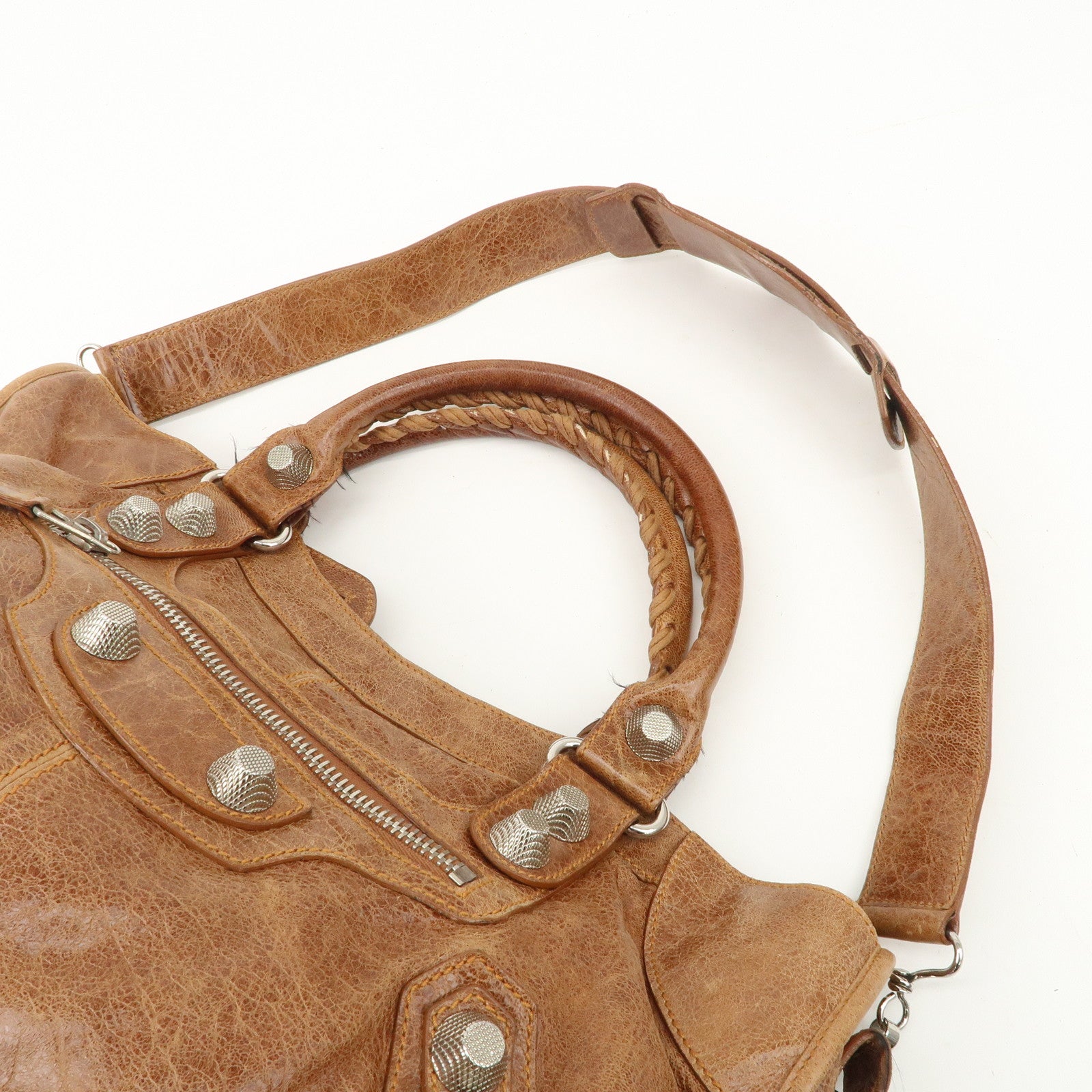 BALENCIAGA Giant City 2Way Bag Hand Bag Brown Silver HDW 173082 Used