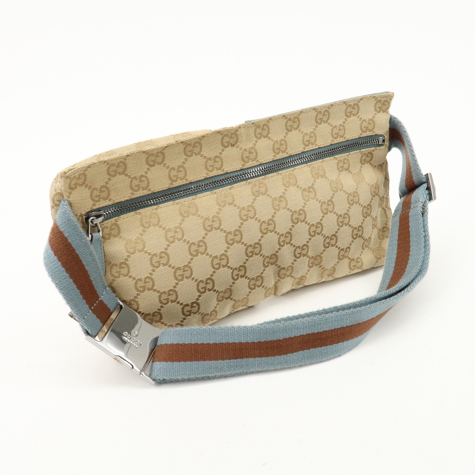 GUCCI GG Canvas Leather Waist Bag Crossbody Bag Beige Blue 28566