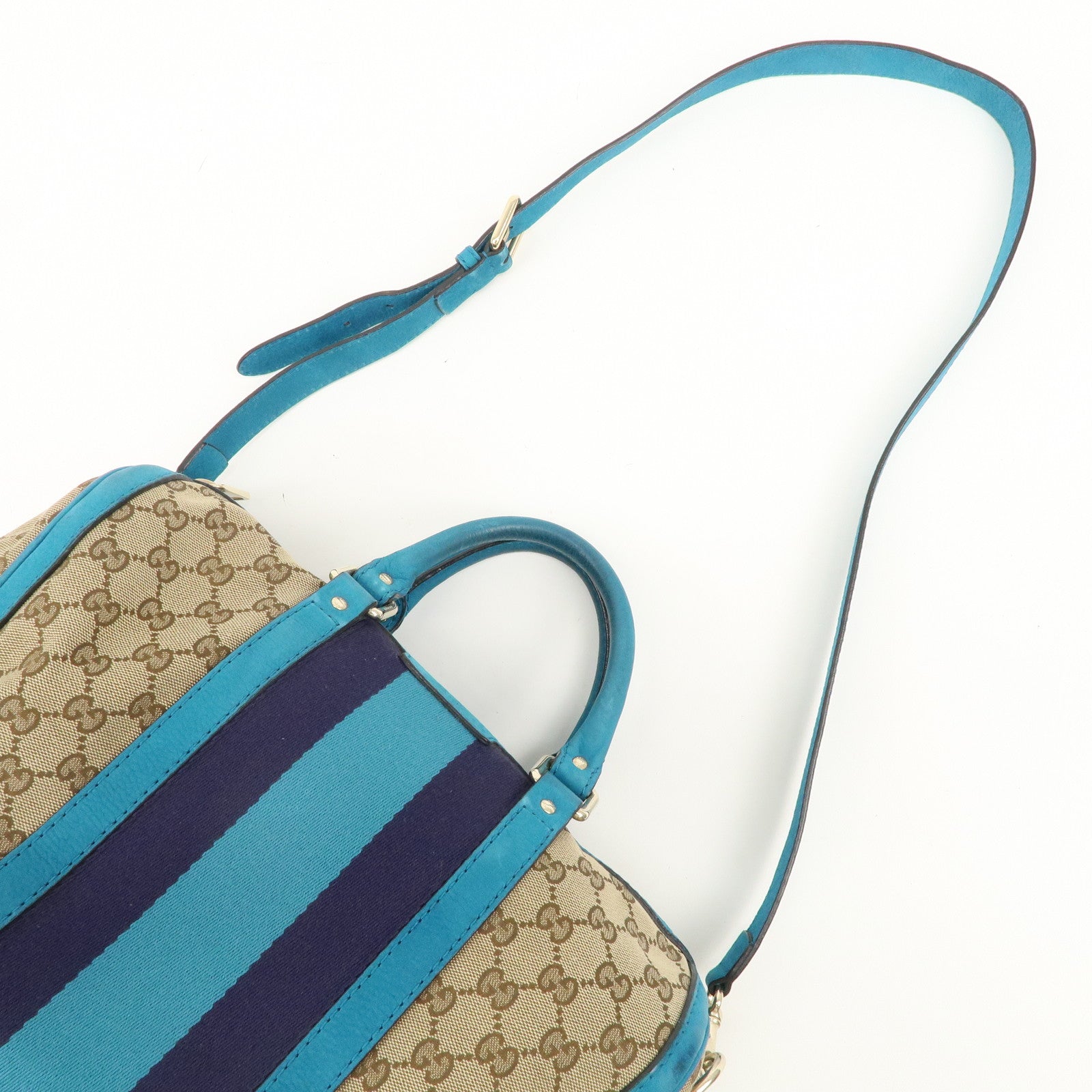 GUCCI Sherry GG Canvas Leather Boston Bag Beige Blue 247205