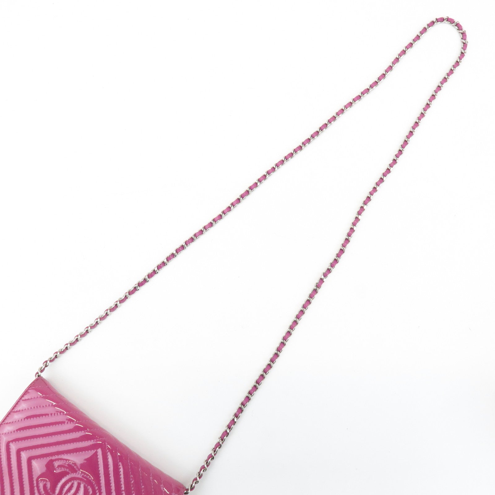 CHANEL COCO Mark Shevron Patent Leather V Stitch Chain Wallet Used