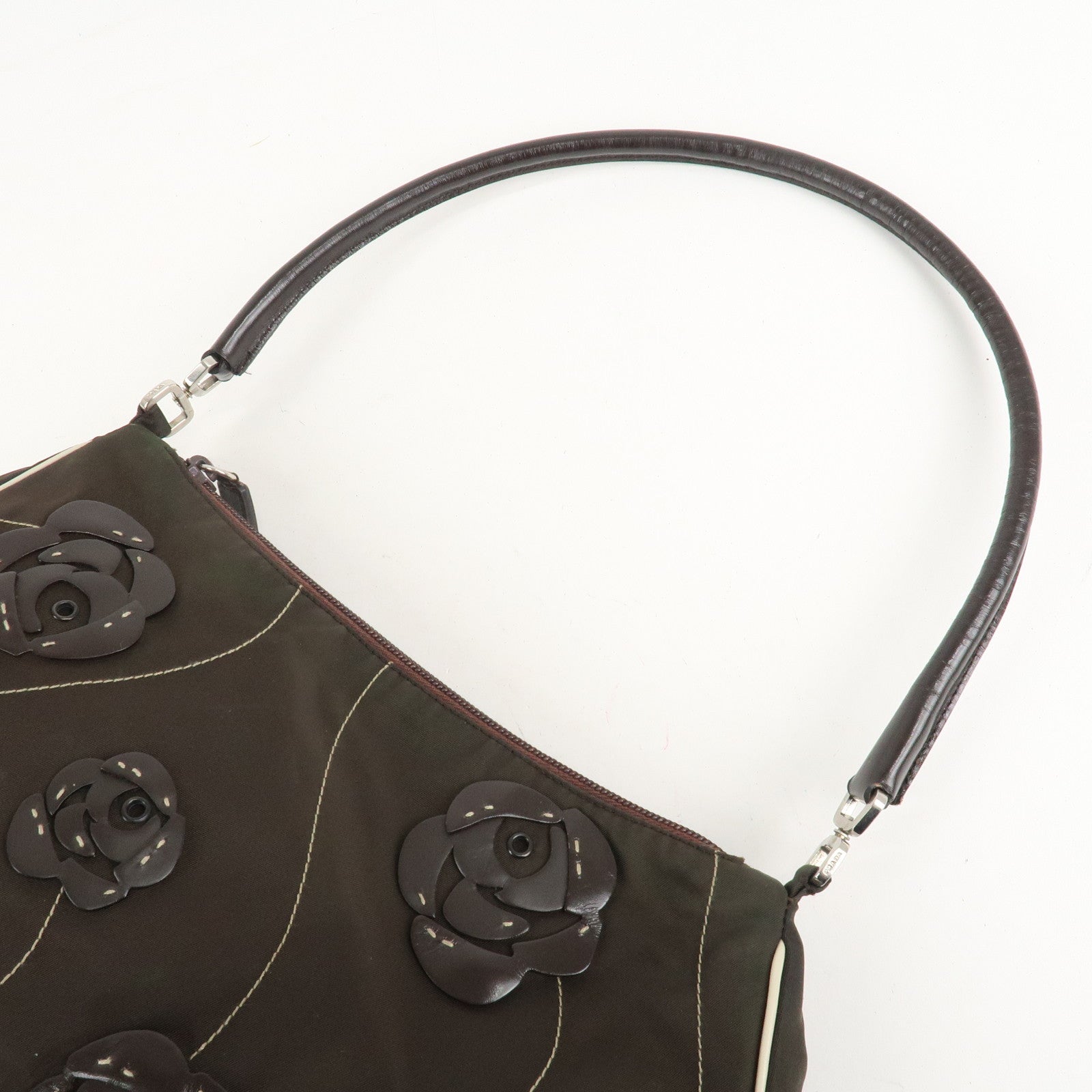 PRADA Nylon Leather Shoulder Bag Flower Motif Green Brown