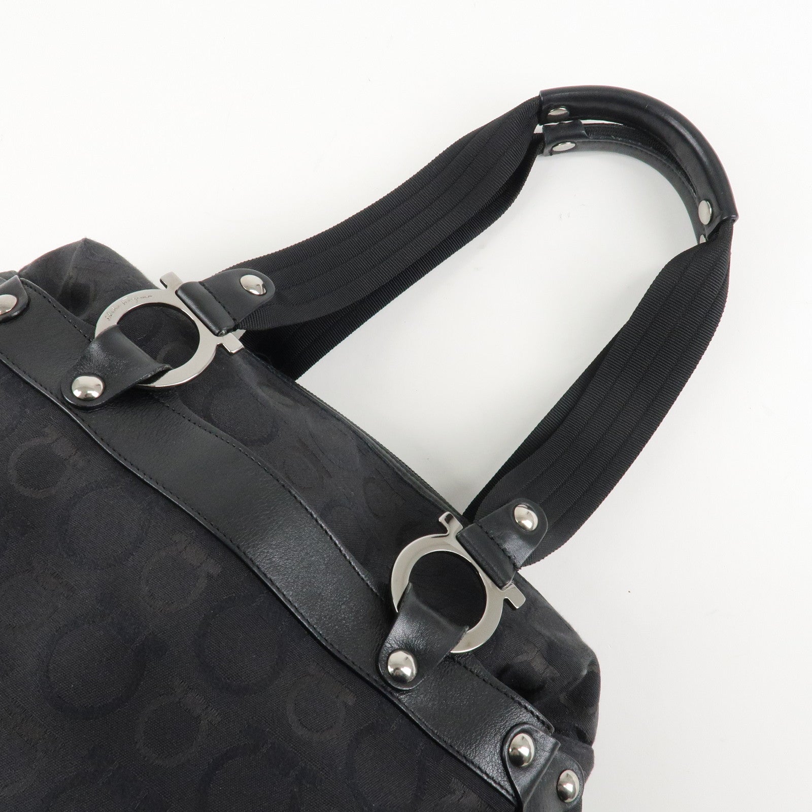 Ferragamo Gancini Pattern Canvas Leather Boston Bag Black Used