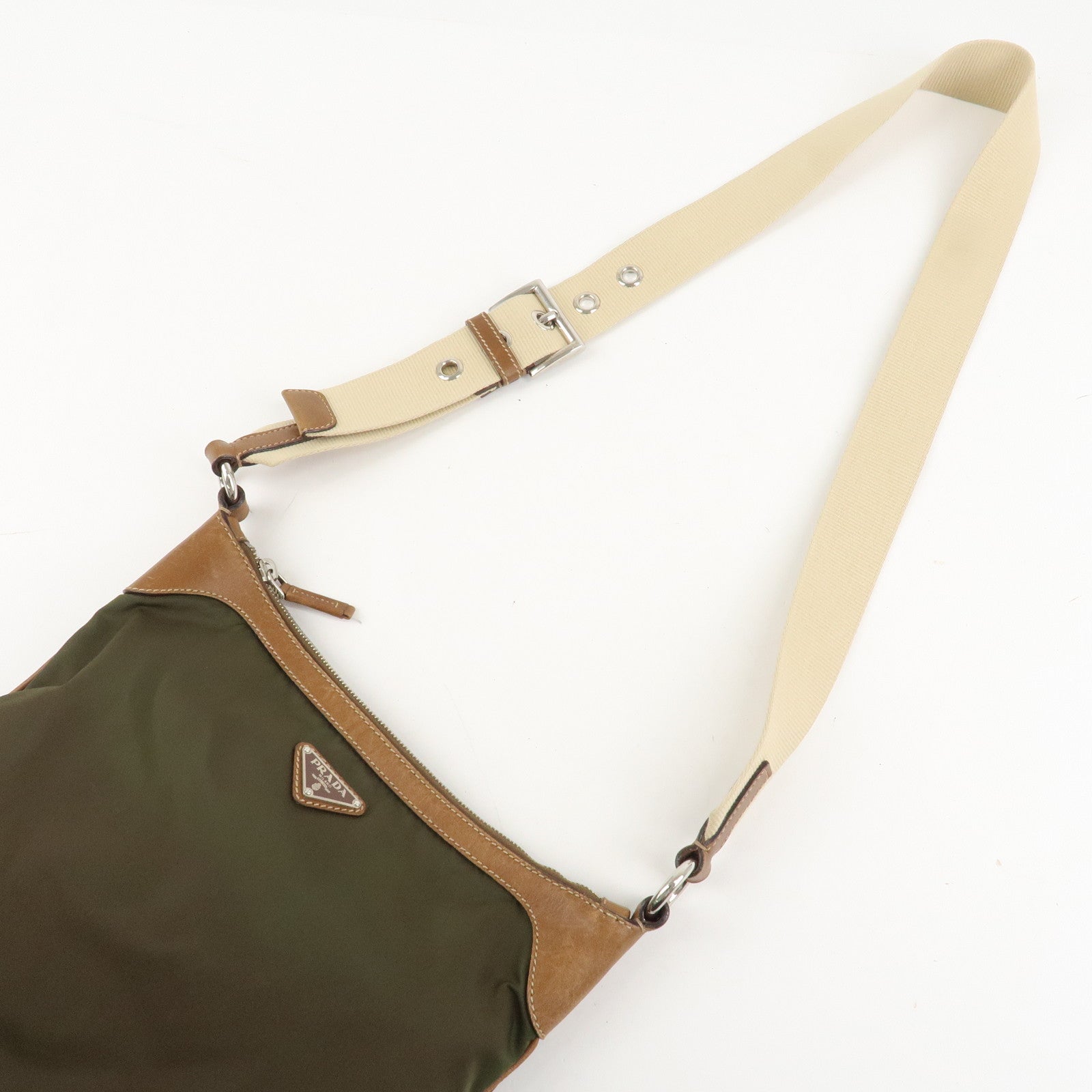 PRADA Nylon Leather Triangle Logo Shoulder Bag Khaki BT0507 Used