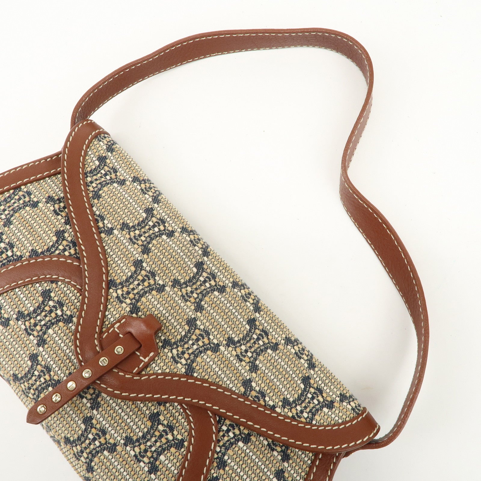 CELINE Macadam Canvas Leather Shoulder Bag Beige Navy Brown Used