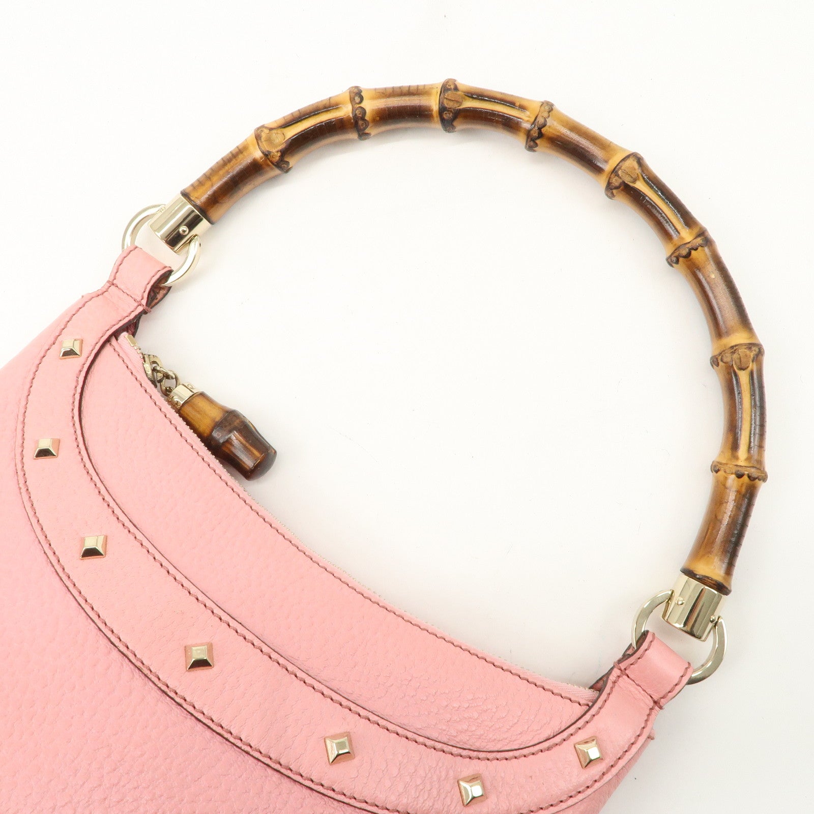 GUCCI Bamboo Leather Shoulder Bag Hand Bag Studs Pink 137378