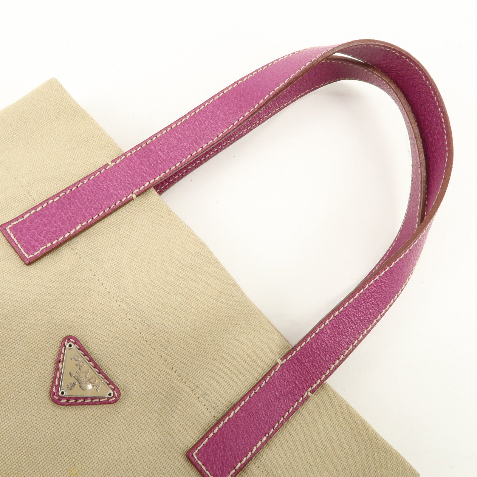 PRADA Logo Canvas Leather Hand Bag Tote Beige Purple BN0686