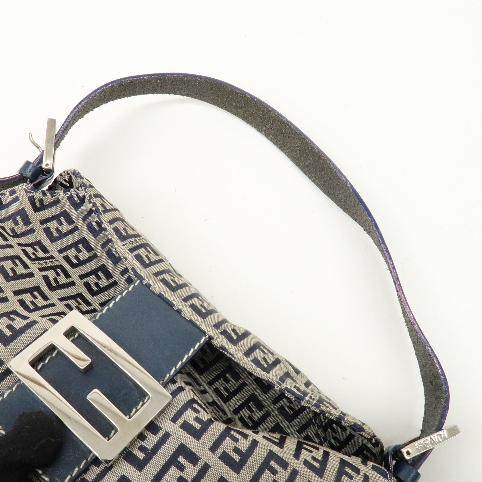 FENDI Zucchino Canvas Leather Shoulder Bag Navy Silver HDW 26725