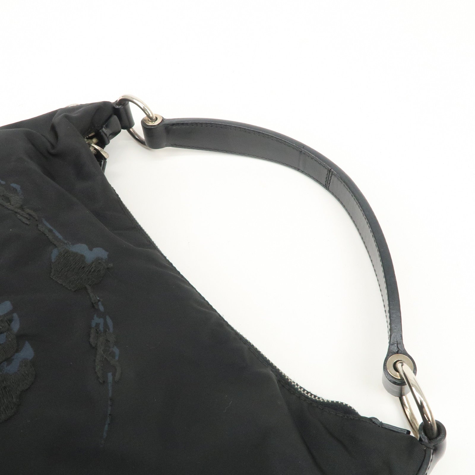 PRADA Nylon Leather Embroidery Shoulder Bag Hand Bag Black