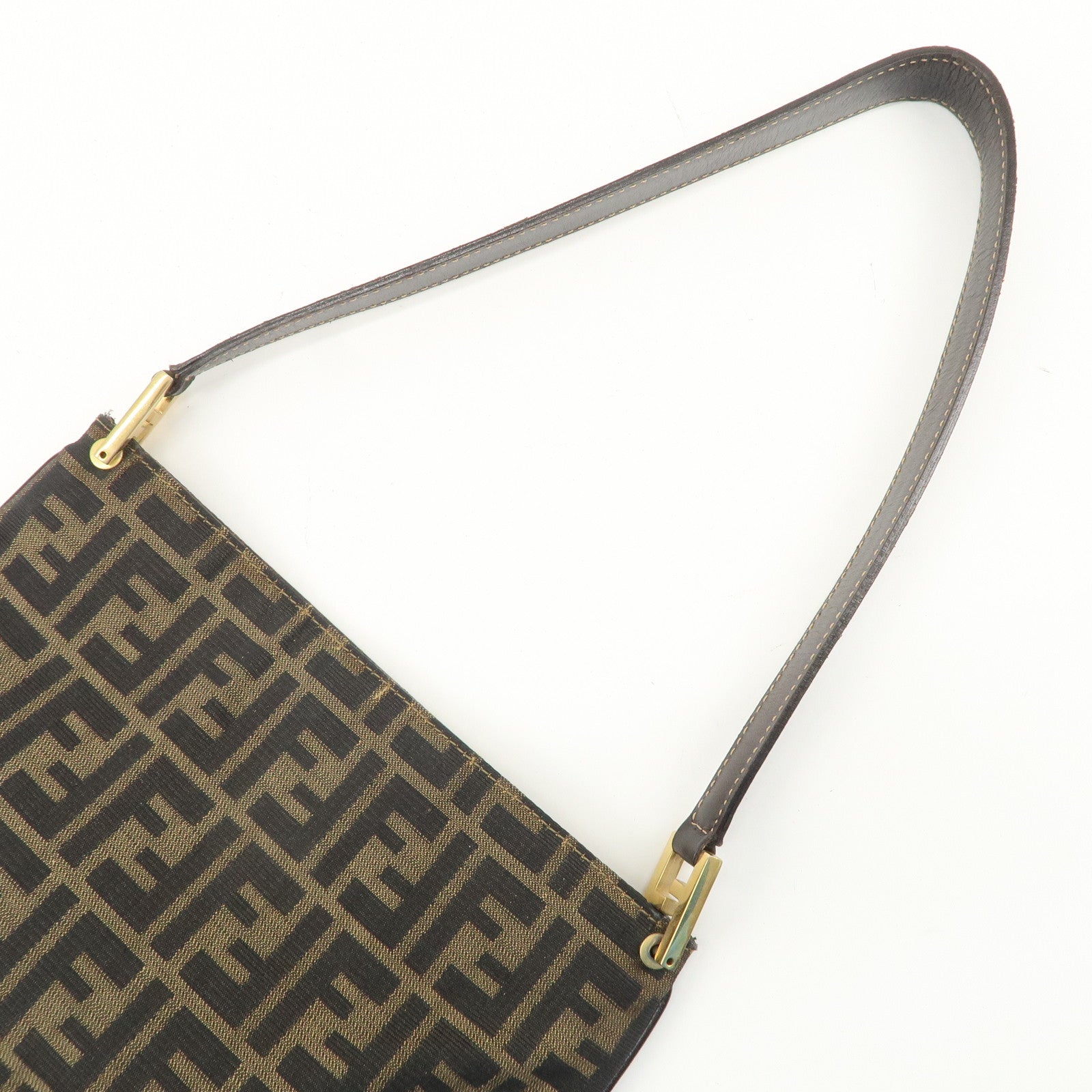 FENDI Zucca Canvas Leather Shoulder Bag Brown Black Gold Hardware