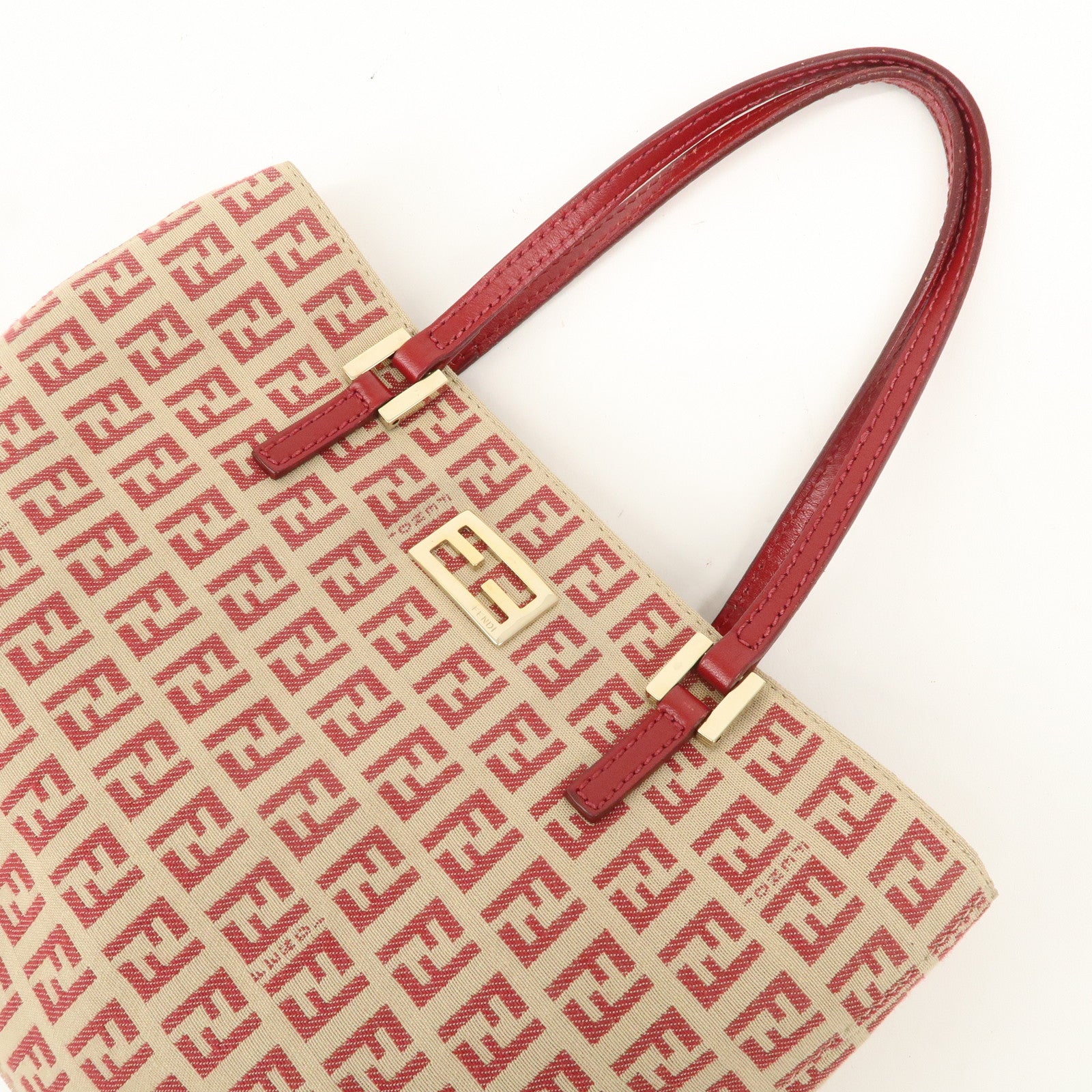 FENDI Zucchino Canvas Leather Tote Hand Bag Beige Red 8BH132