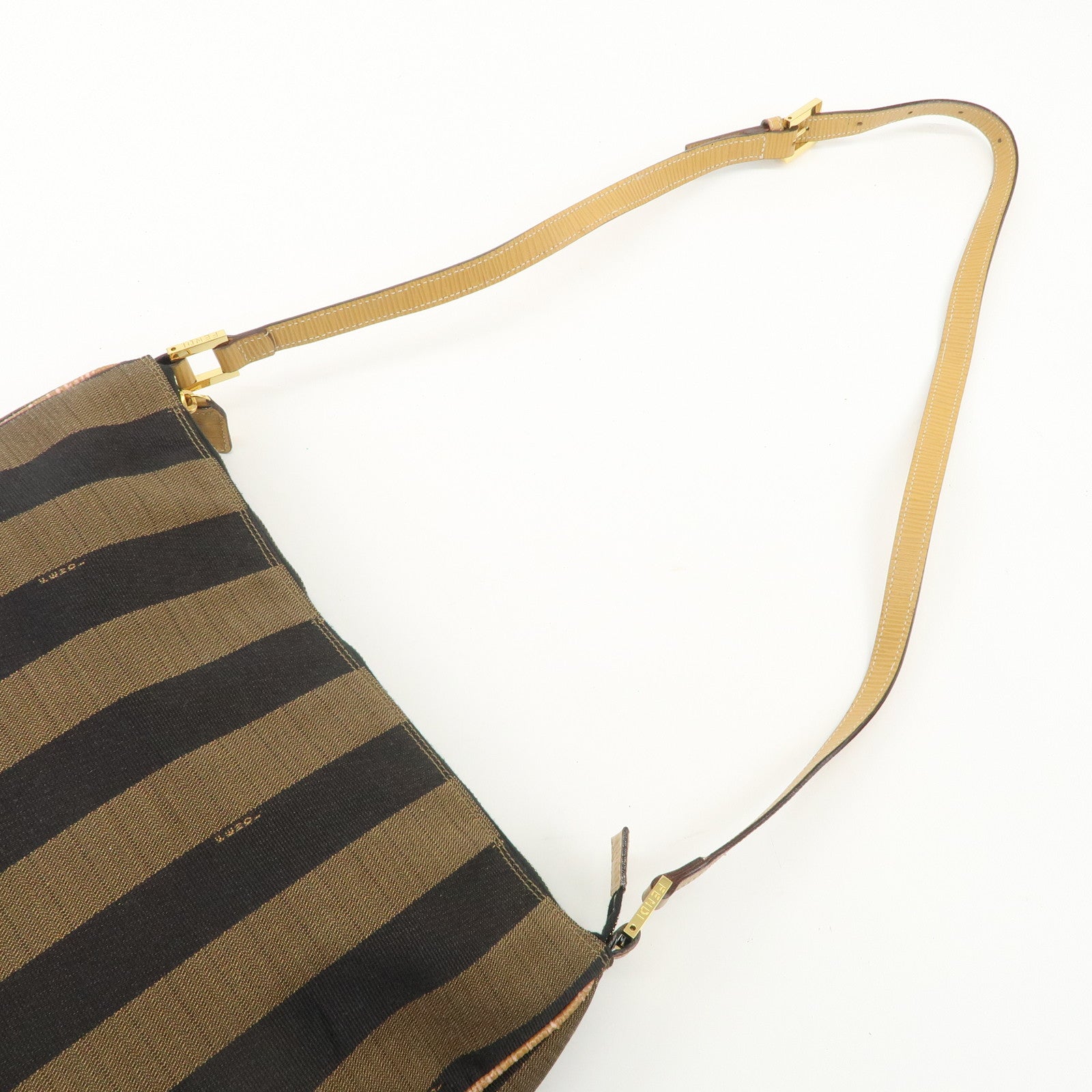 FENDI Pequin Canvas Leather Shoulder Bag Brown Black Used
