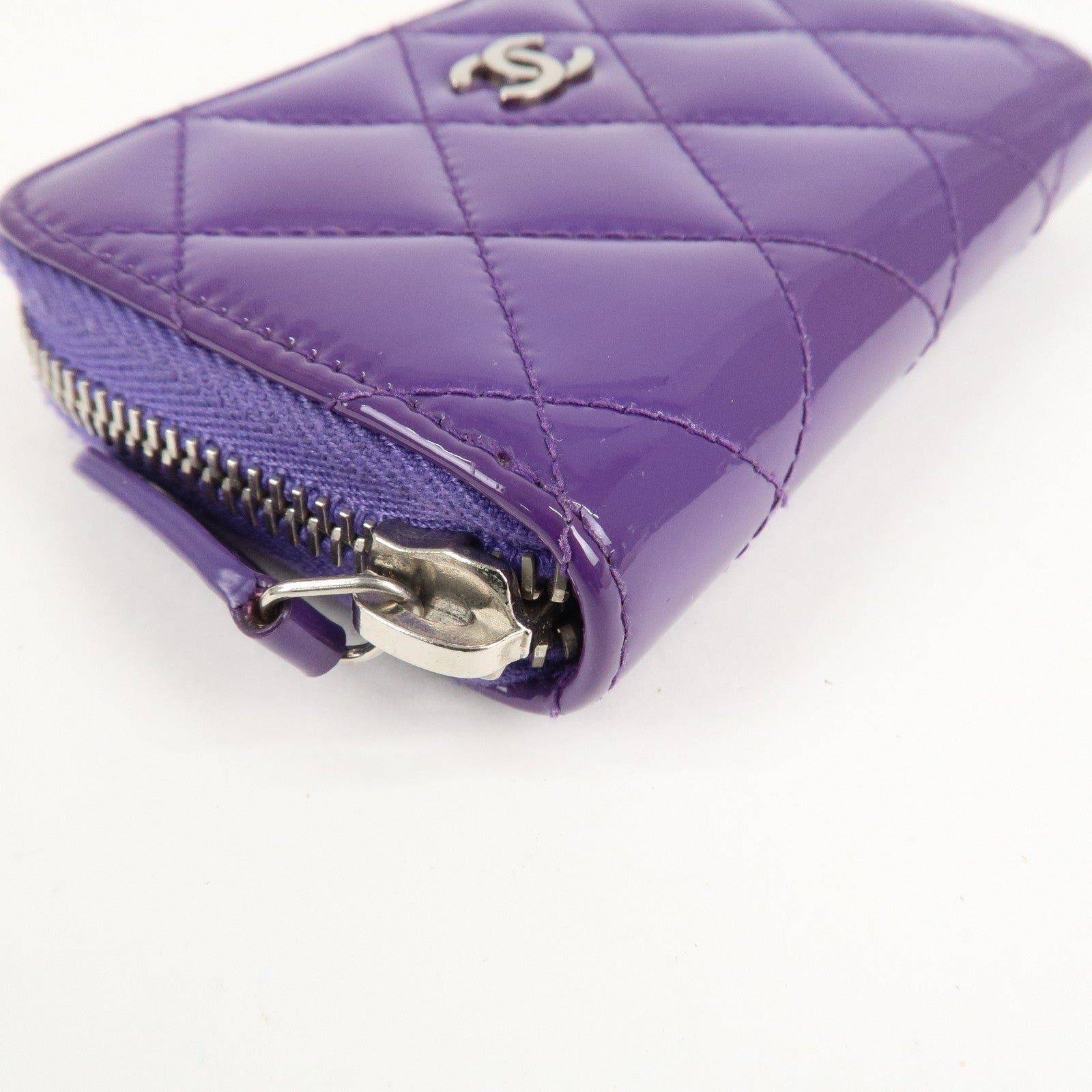 CHANEL Matelasse Patent Leather Card Case Coin Case Purple