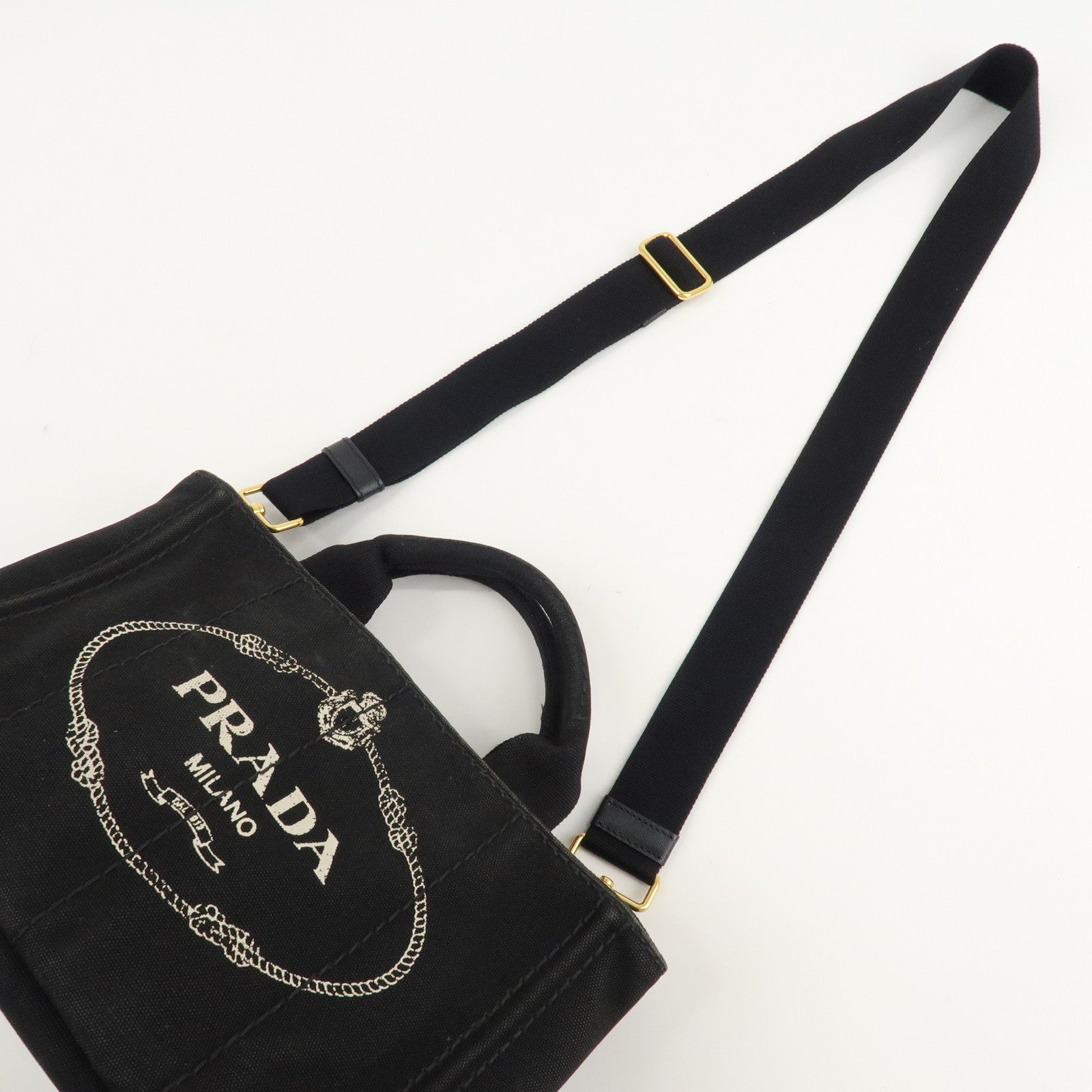 PRADA Logo Canapa Mini Canvas 2Way Shoulder Bag Black 1BG439