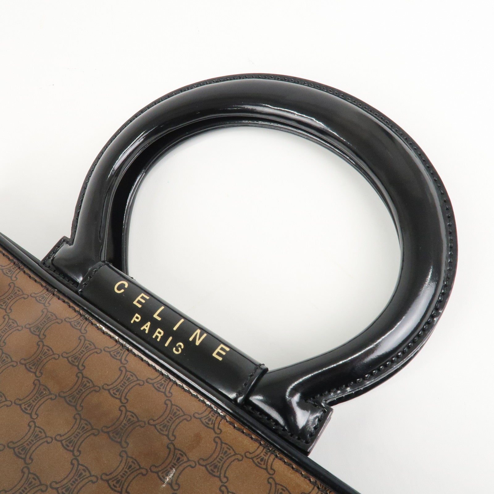 CELINE Macadam Patent Leather Mini Tote Bag Hand Bag Brown Black Used