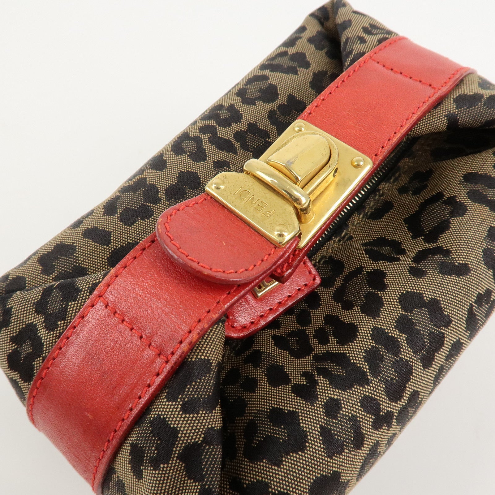 FENDI Canvas Leather Leopard Vanity Bag Pouch Brown Red 26360