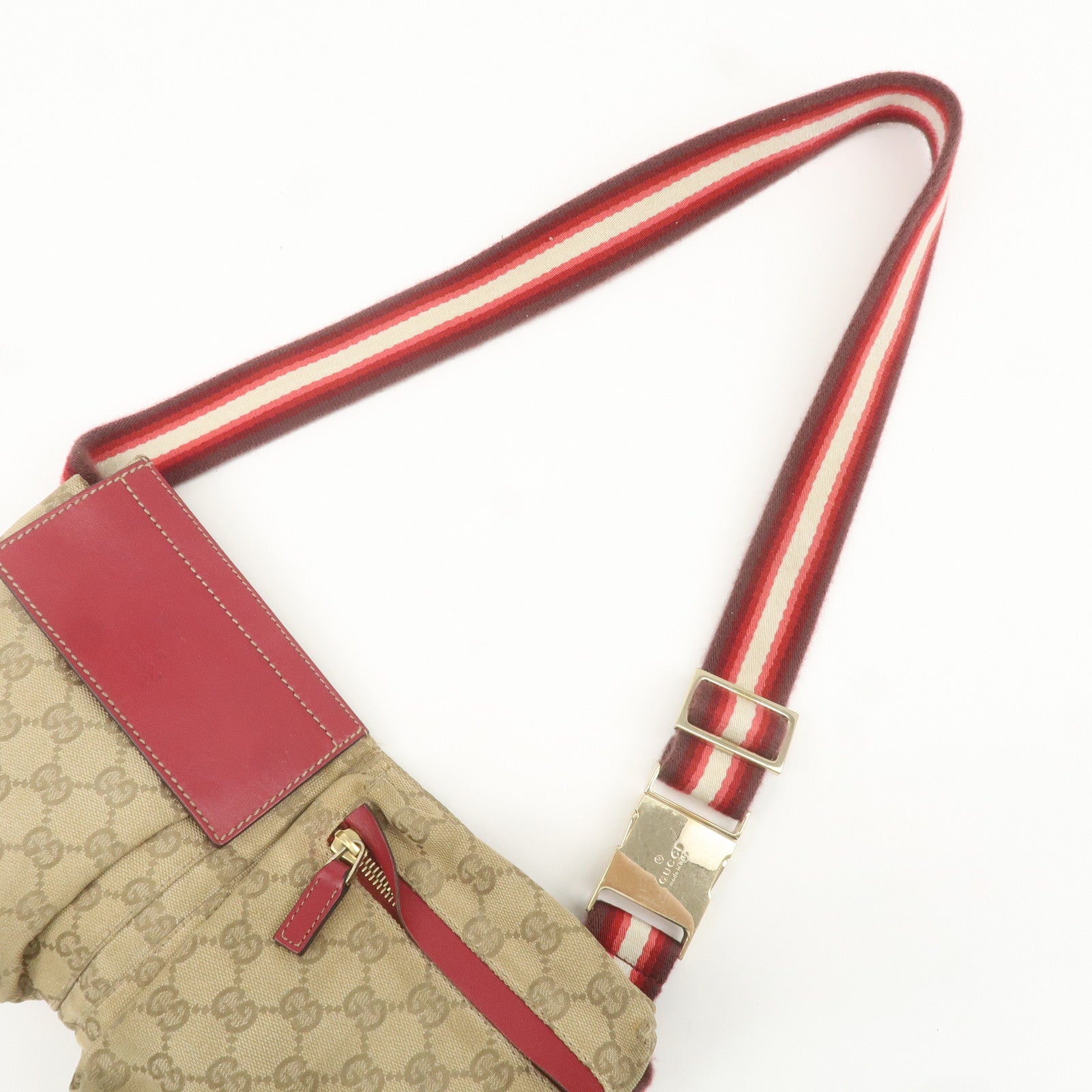 GUCCI GG Canvas Leather Waist Bag Waist Pouch Beige Red 28566