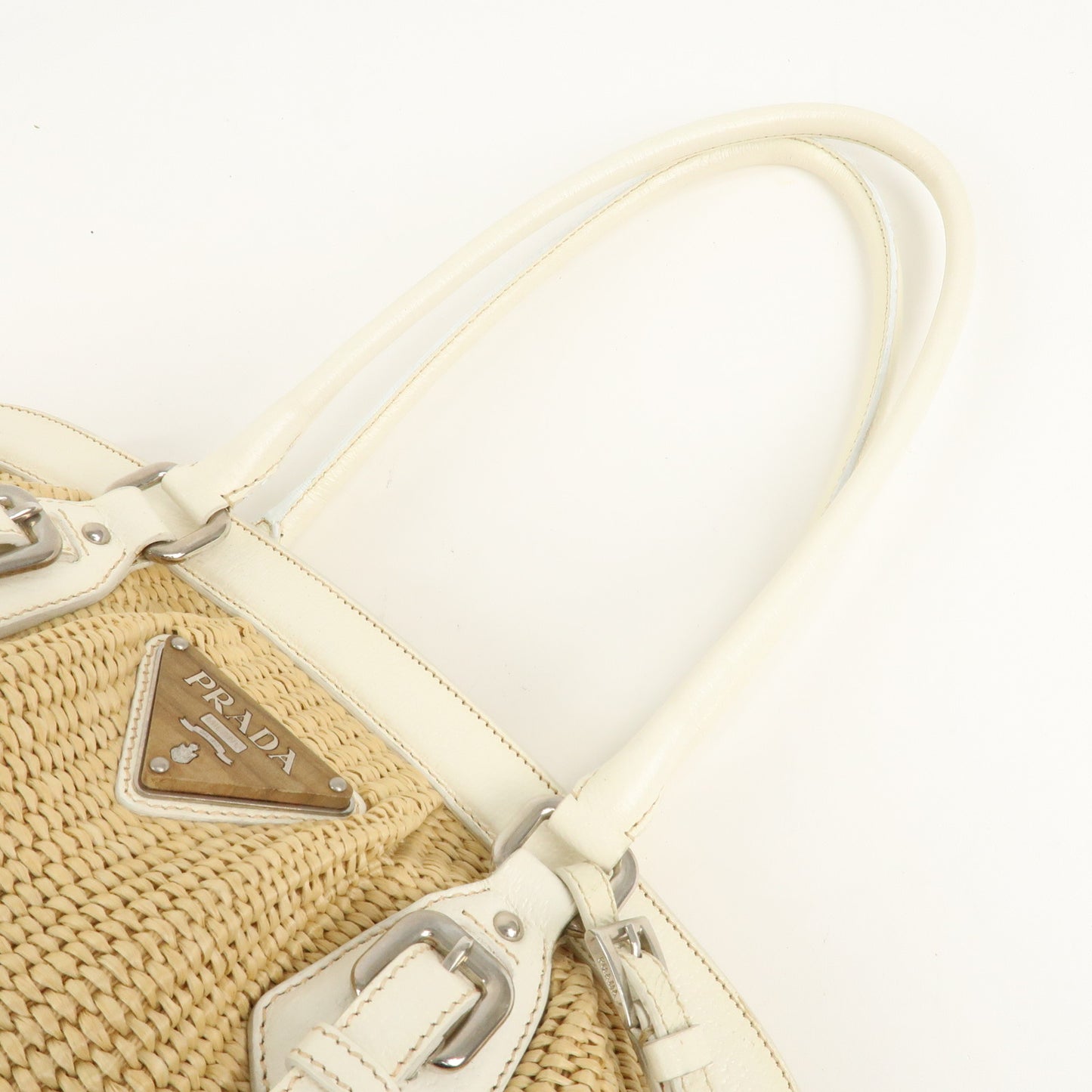 PRADA Logo Raffia Leather Hand Bag Shoulder Bag Ivory BR3508