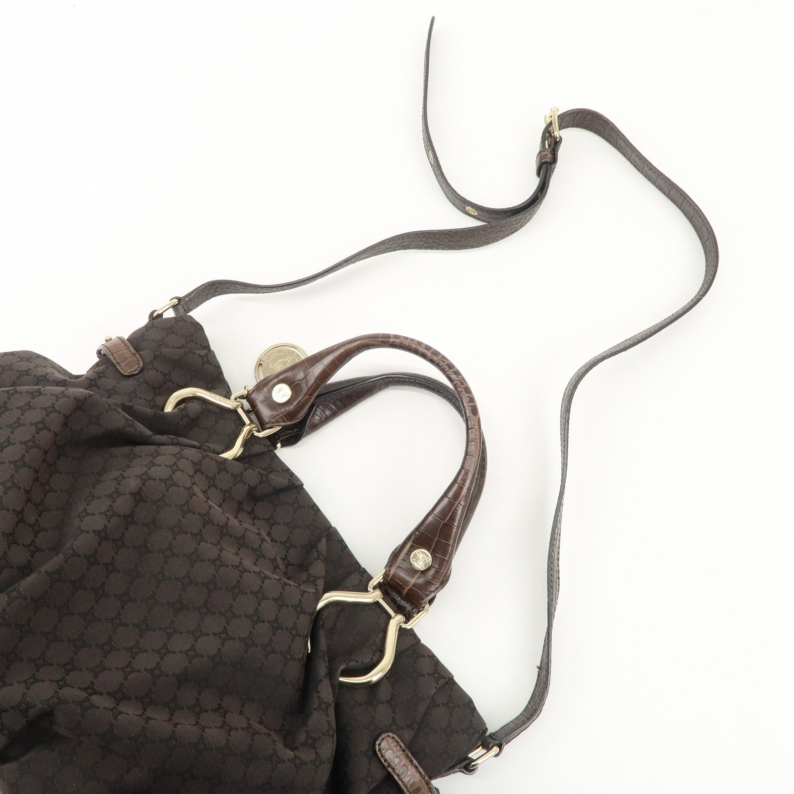 CELINE Macadam Canvas Leather 2Way Bag Gold Charm Dark Brown Used
