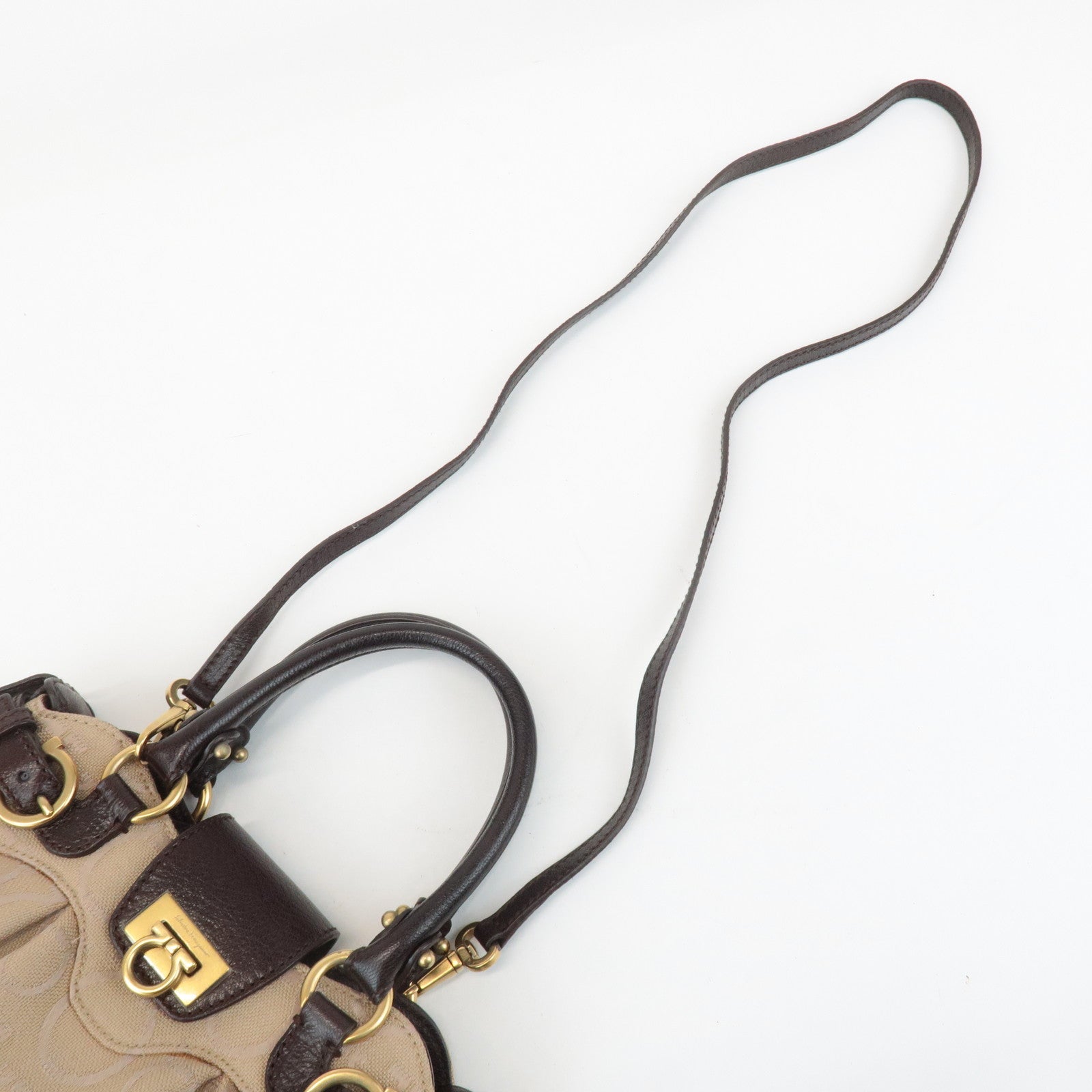 Ferragamo Gancini Canvas Leather 2Way Bag Beige Dark Brown Used