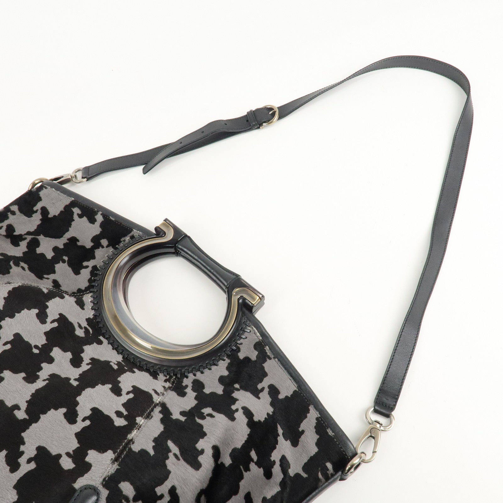 Ferragamo Gancini Unborn Calf Leather 2Way Bag Gray Black Used