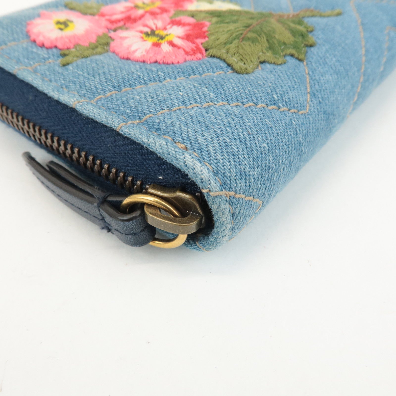 GUCCI GG Marmont Denim Zip Around Wallet Floral Pattern 443123